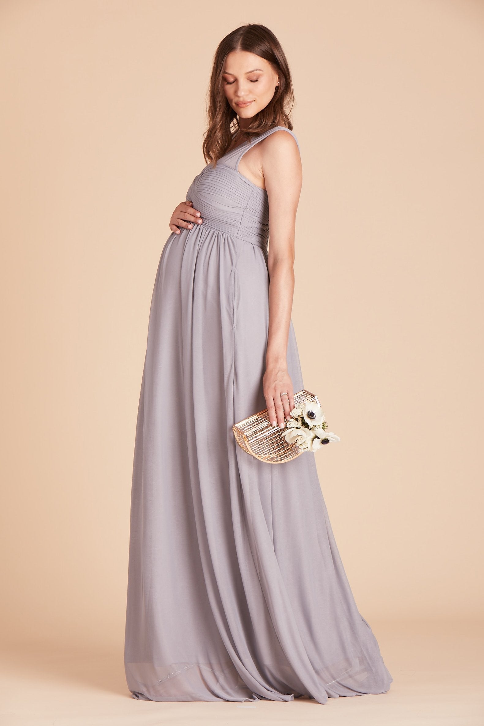 Ryan bridesmaid dress in silver chiffon by Birdy Grey, side view