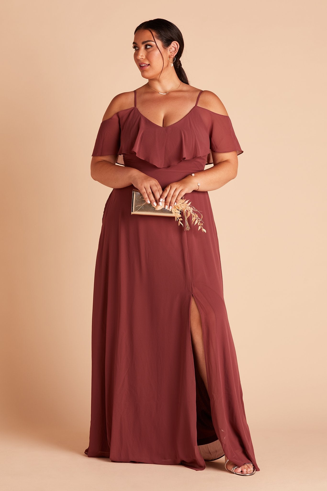 Jane convertible plus size bridesmaid dress with slit in rosewood chiffon by Birdy Grey, front view