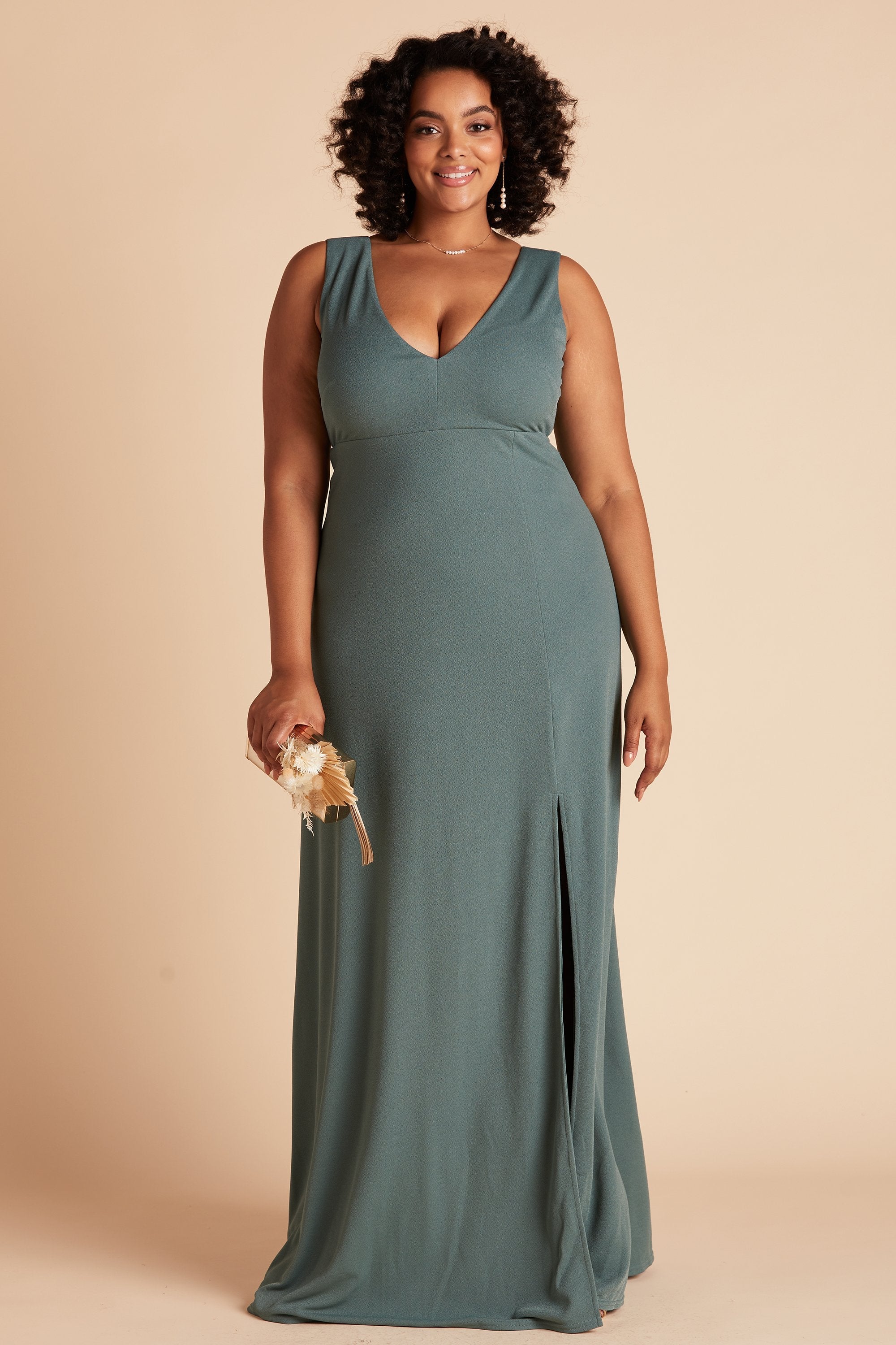 Shamin plus size bridesmaid dress with slit in sea glass green chiffon by Birdy Grey, front view