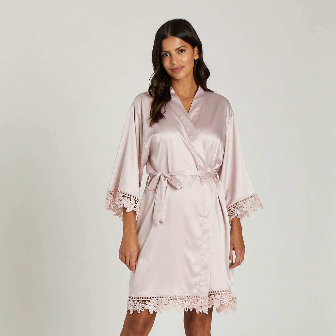 Satin Lace Robe in light mauve by Birdy Grey, front view