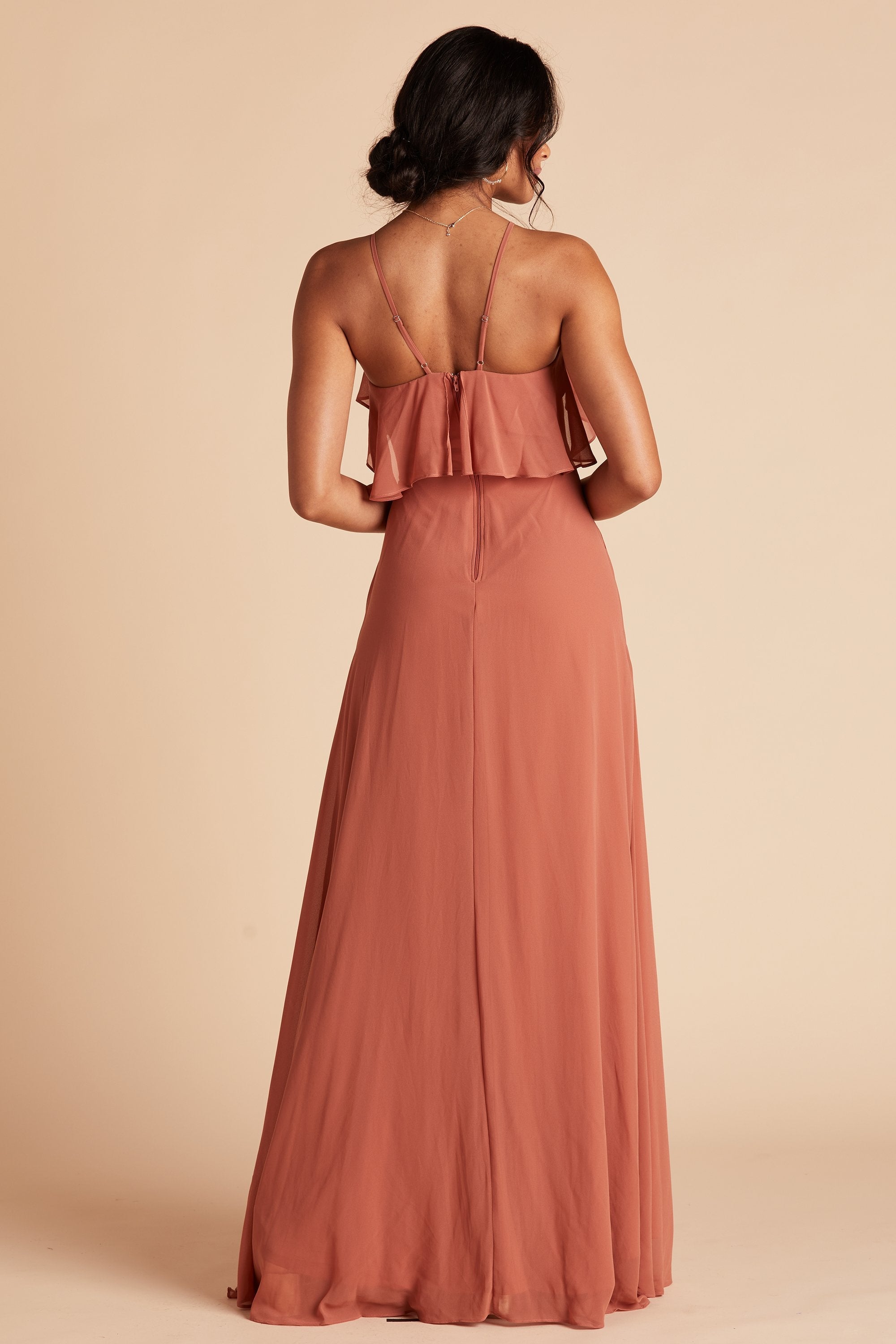 Jules bridesmaid dress in terracotta orange chiffon by Birdy Grey, back view