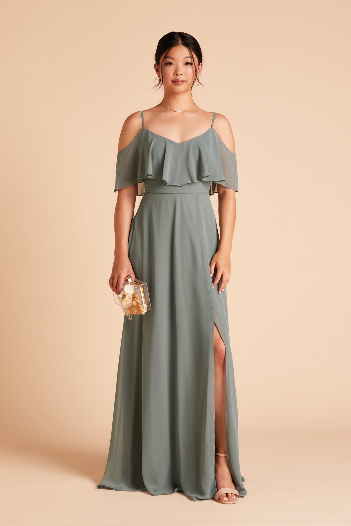 Jane convertible bridesmaid dress with slit in sea glass green chiffon by Birdy Grey, front view