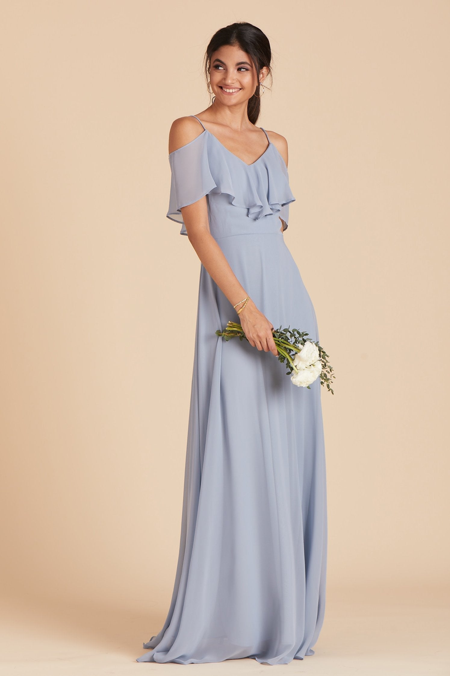 Jane convertible bridesmaid dress in dusty blue chiffon by Birdy Grey, front view