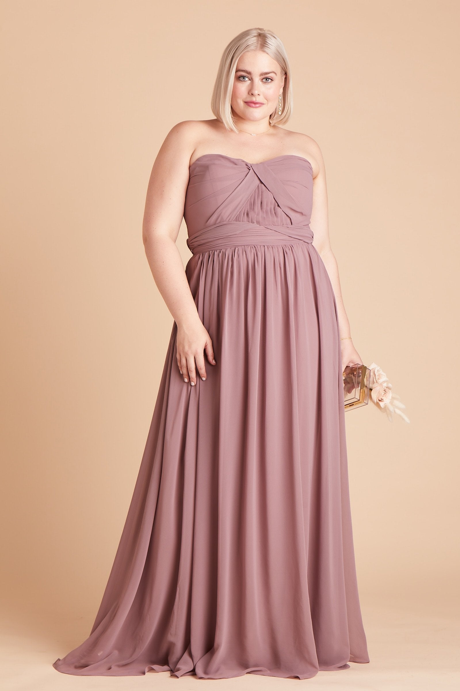 Grace convertible plus size bridesmaid dress in dark mauve chiffon by Birdy Grey, front view