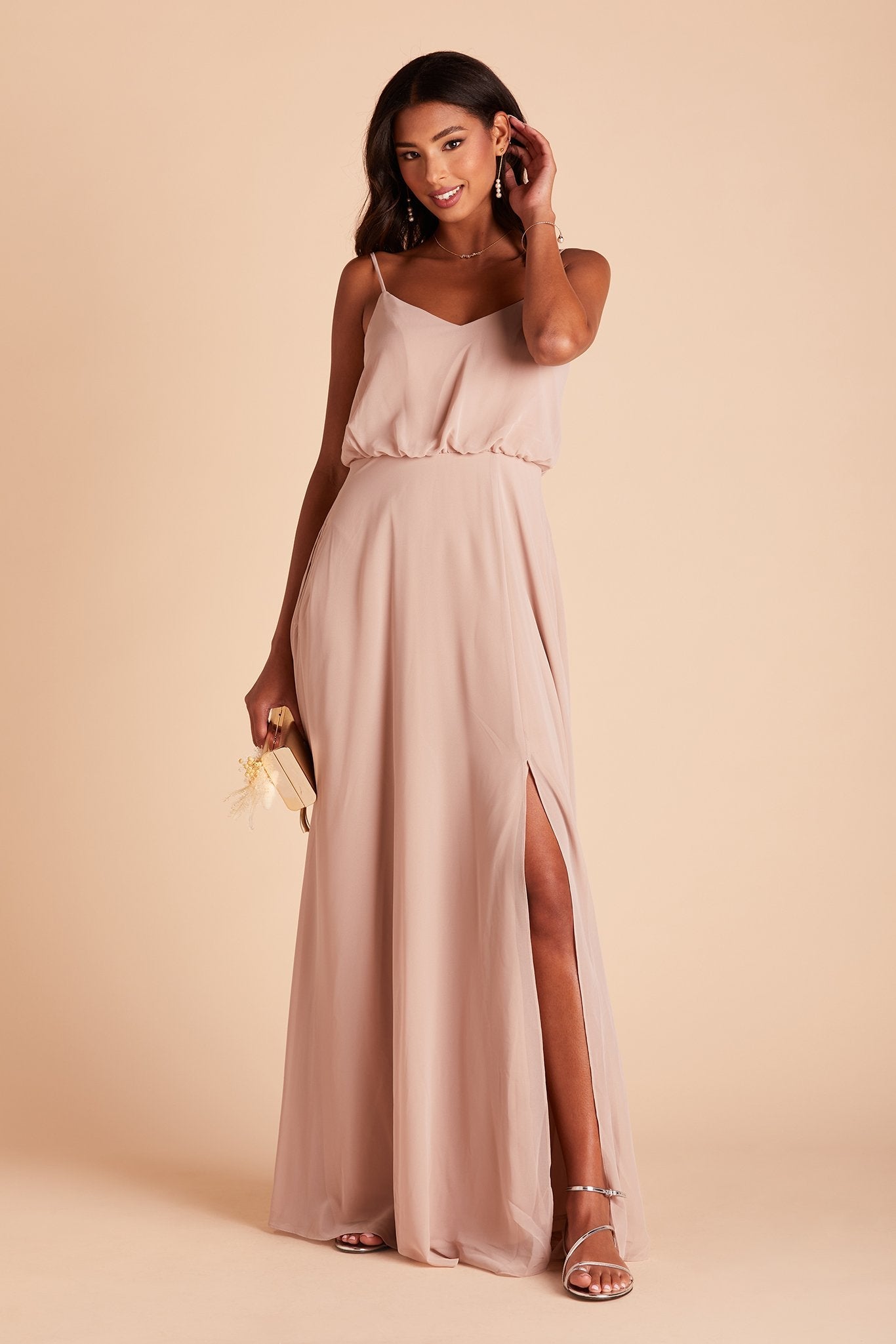 Gwennie bridesmaid dress with slit in taupe chiffon by Birdy Grey, front view