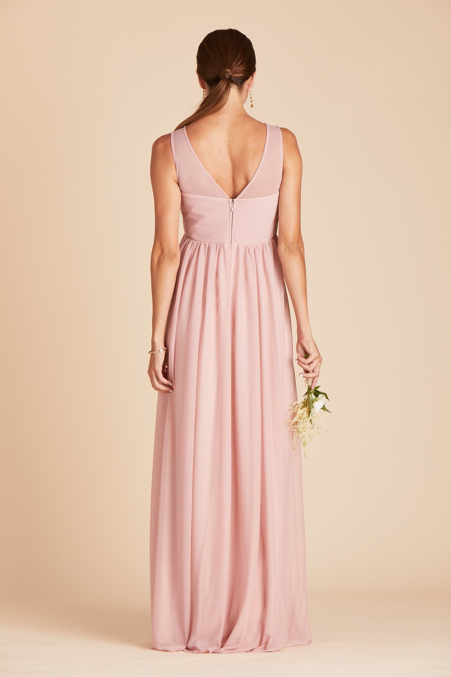 Ryan bridesmaid dress in dusty rose pink chiffon by Birdy Grey, back view