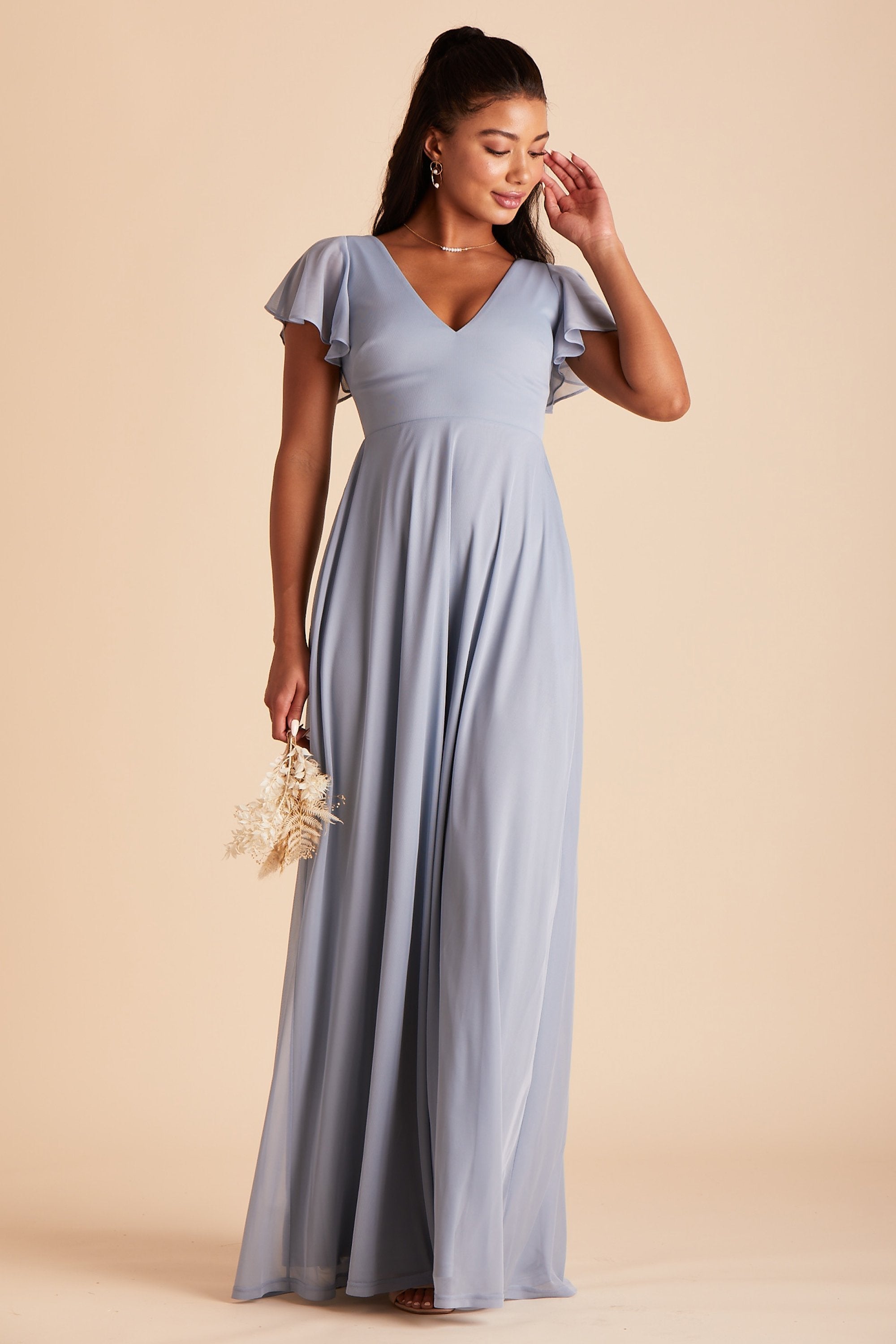 Hannah bridesmaids dress in dusty blue mesh by Birdy Grey, front view