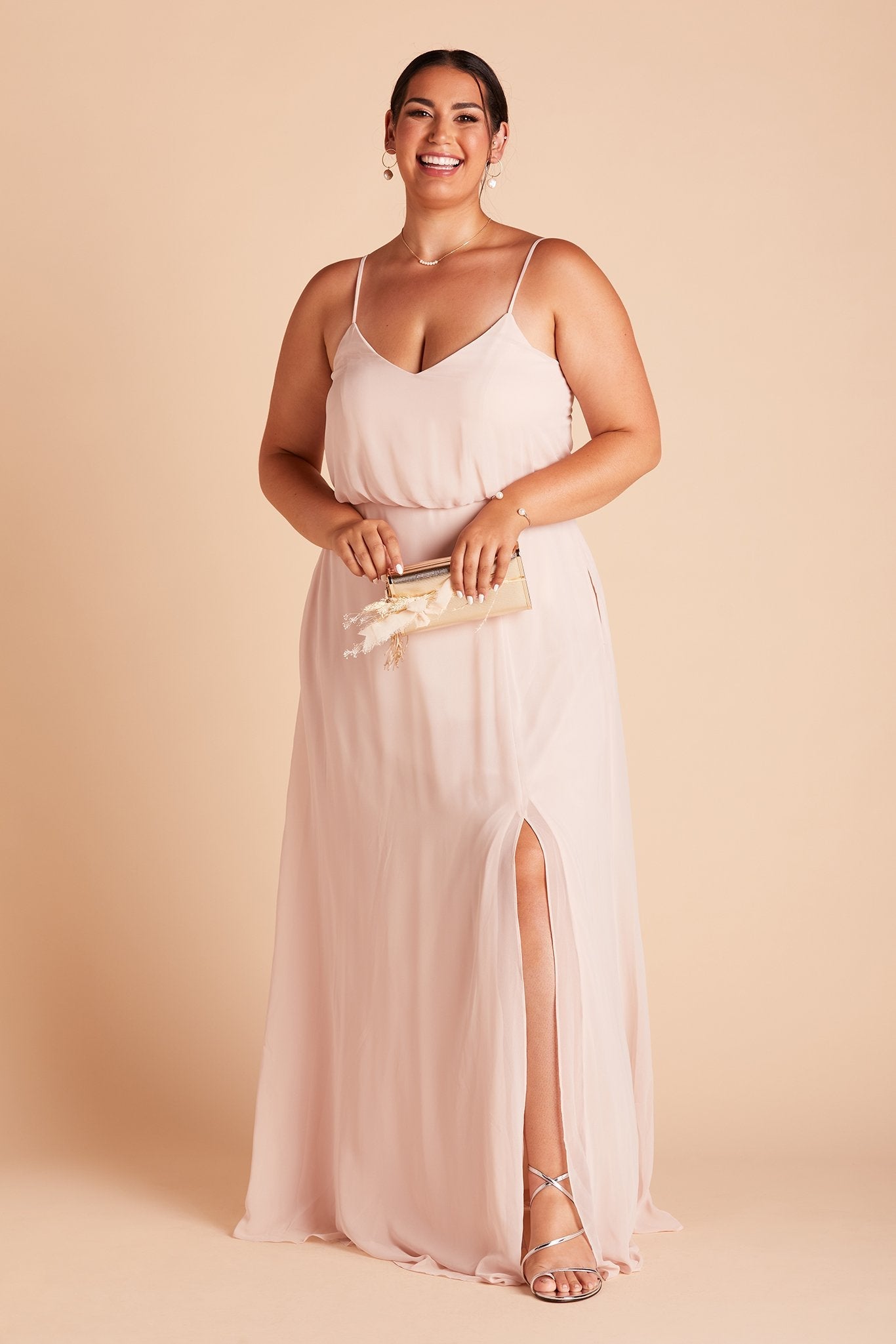 Gwennie plus size bridesmaid dress with slit in pale blush chiffon by Birdy Grey, front view