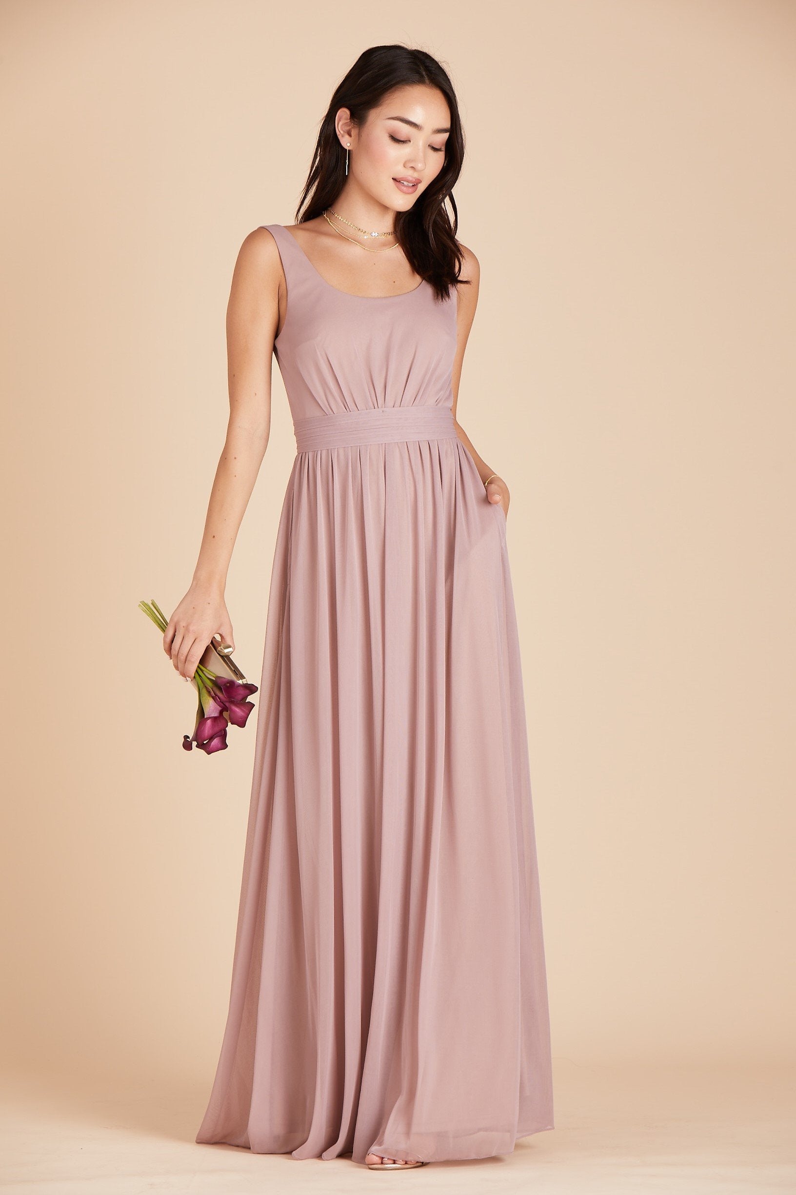 Jay bridesmaids dress in mauve chiffon by Birdy Grey, front view with hand in pocket