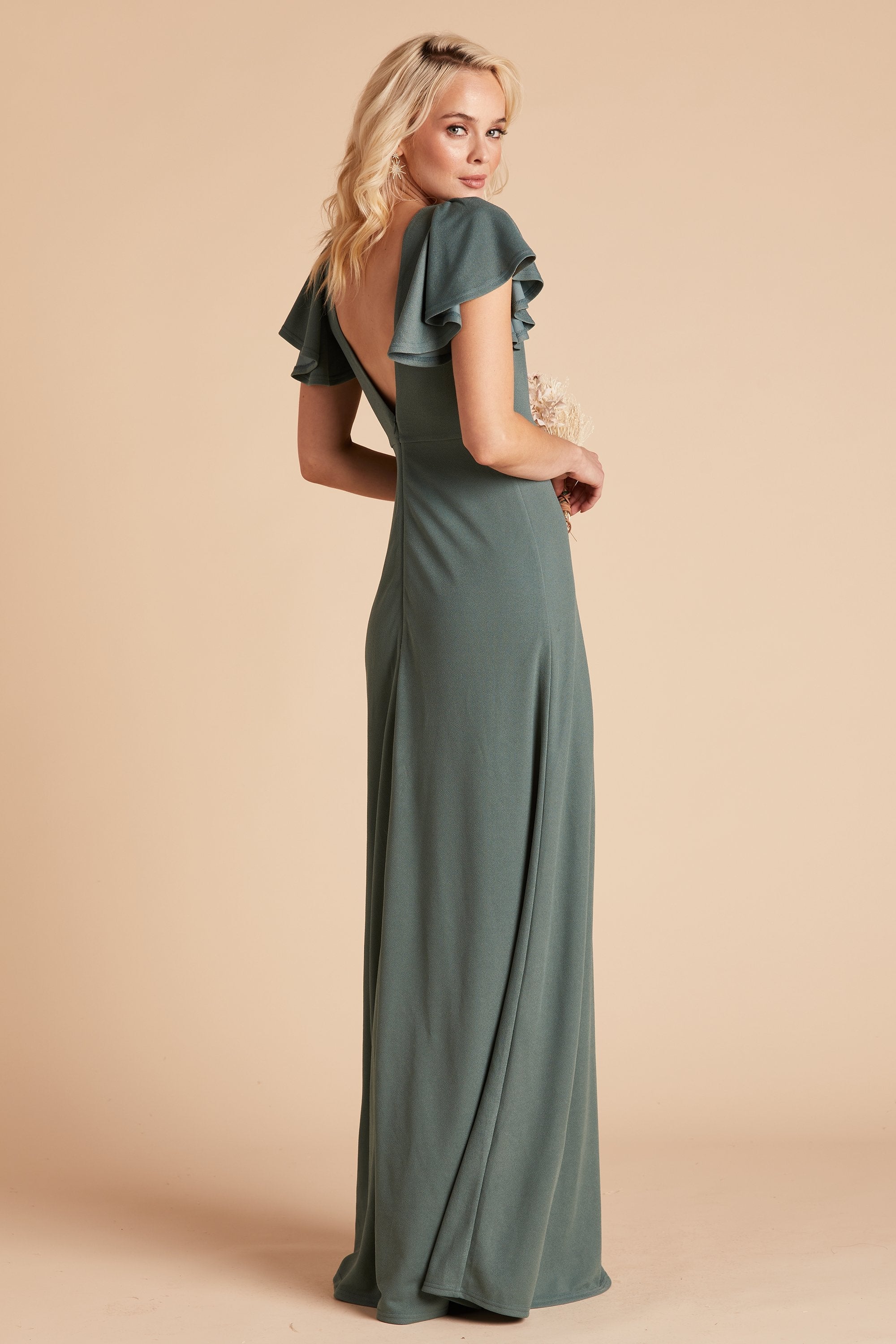 Hannah bridesmaid dress with slit in sea glass crepe by Birdy Grey, back view