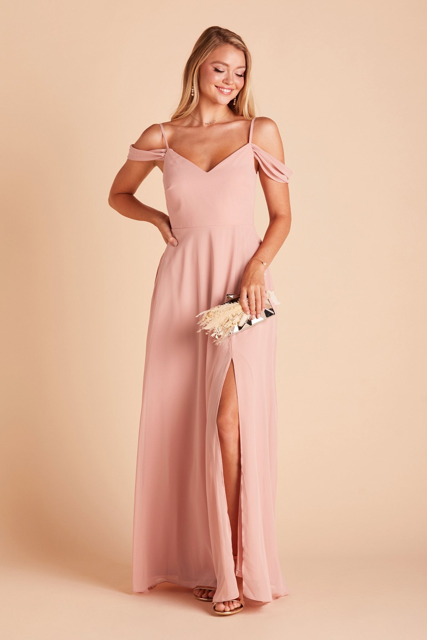 Devin convertible bridesmaids dress with slit in dusty rose chiffon by Birdy Grey, front view