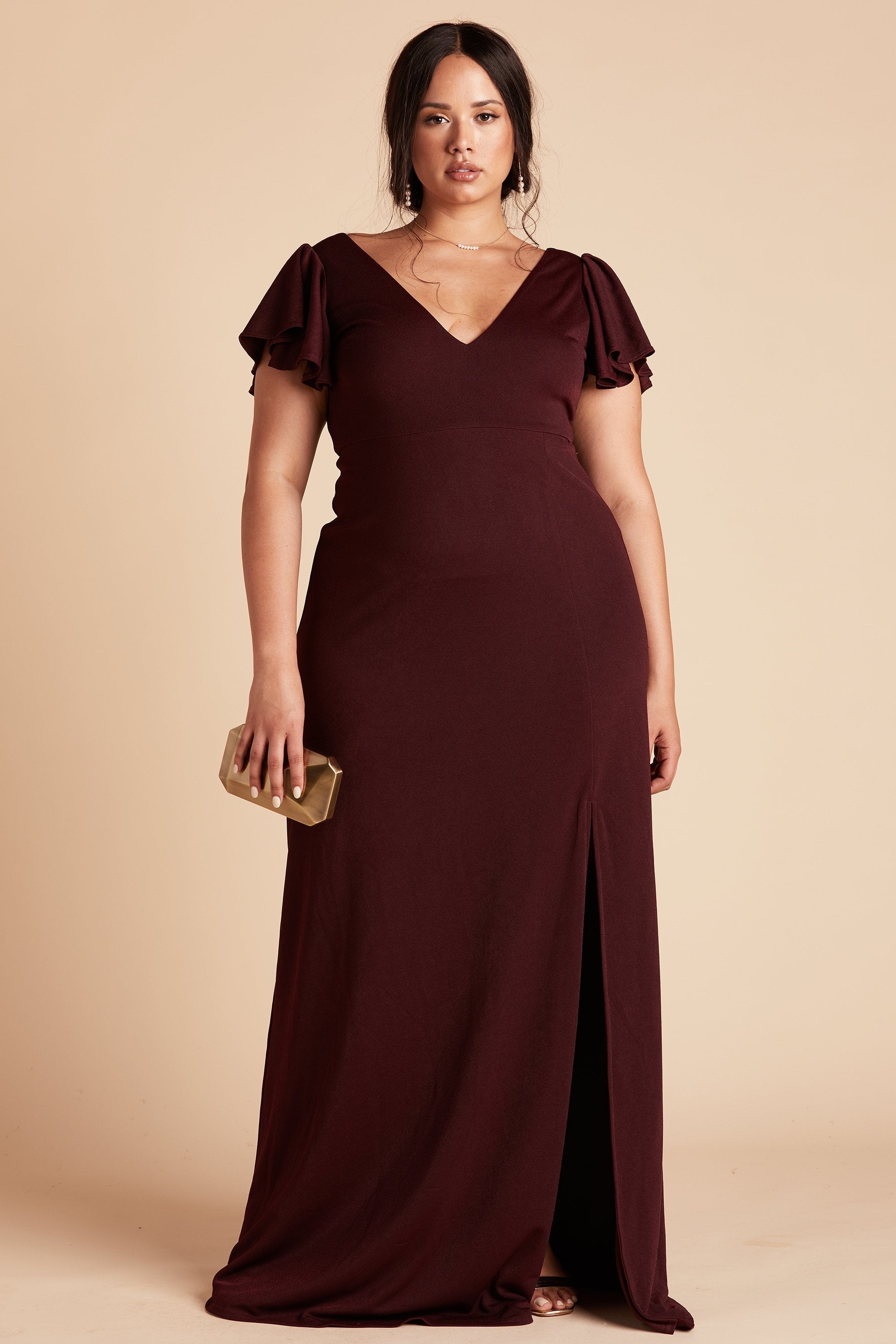 Hannah plus size bridesmaid dress with slit in cabernet burgundy crepe by Birdy Grey, front view