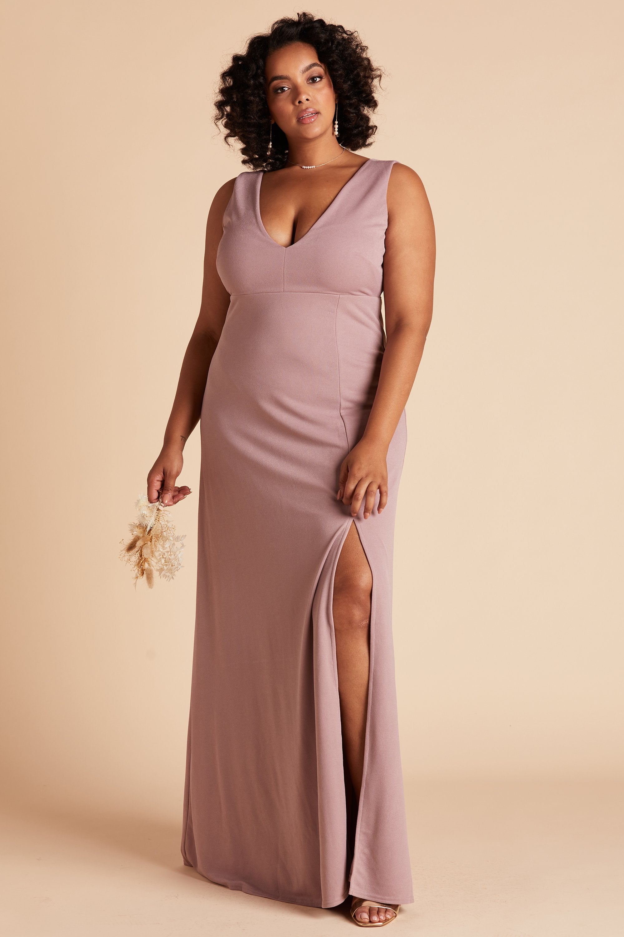 Shamin plus size bridesmaid dress with slit in dark mauve crepe by Birdy Grey, front view