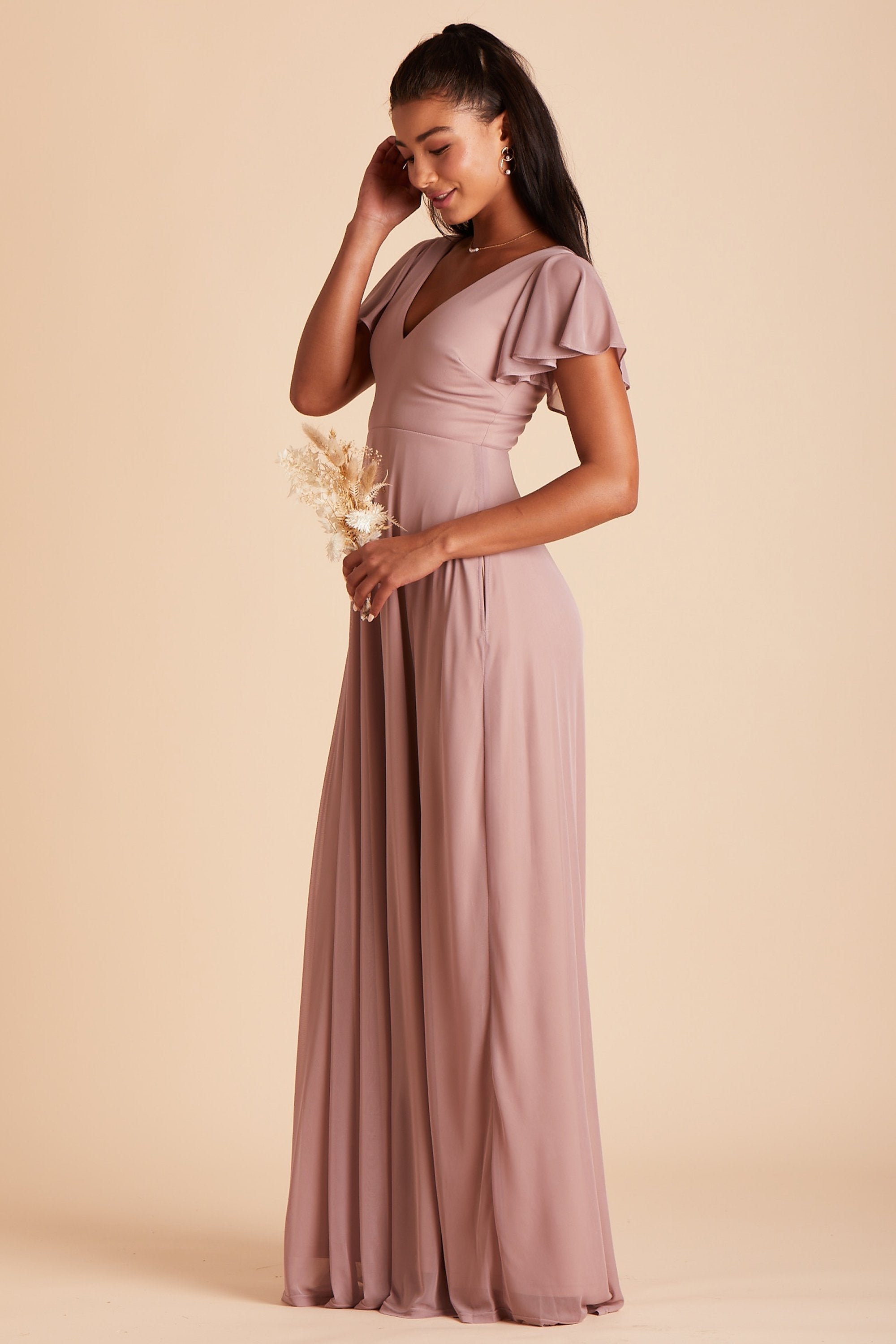 Hannah bridesmaids dress in mauve chiffon by Birdy Grey, side view