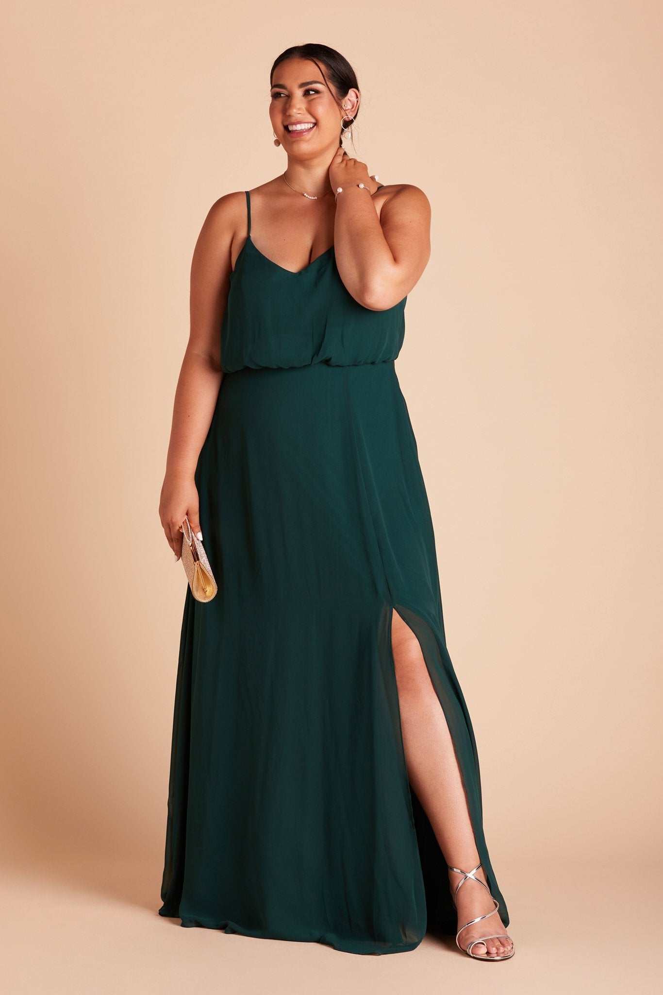 Gwennie plus size bridesmaid dress with slit in emerald green chiffon by Birdy Grey, front view