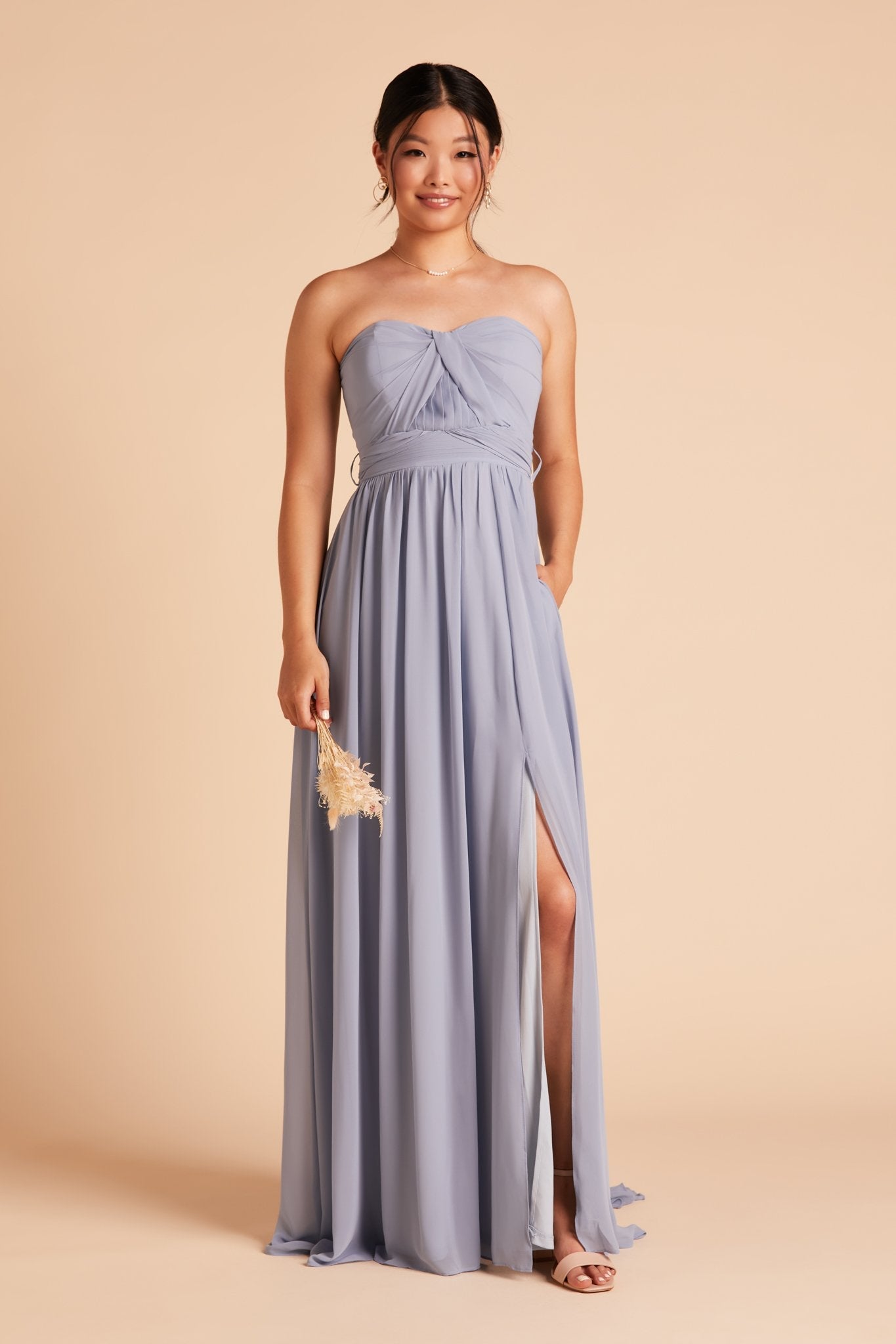 Grace convertible bridesmaid dress with slit in dusty blue chiffon by Birdy Grey, front view