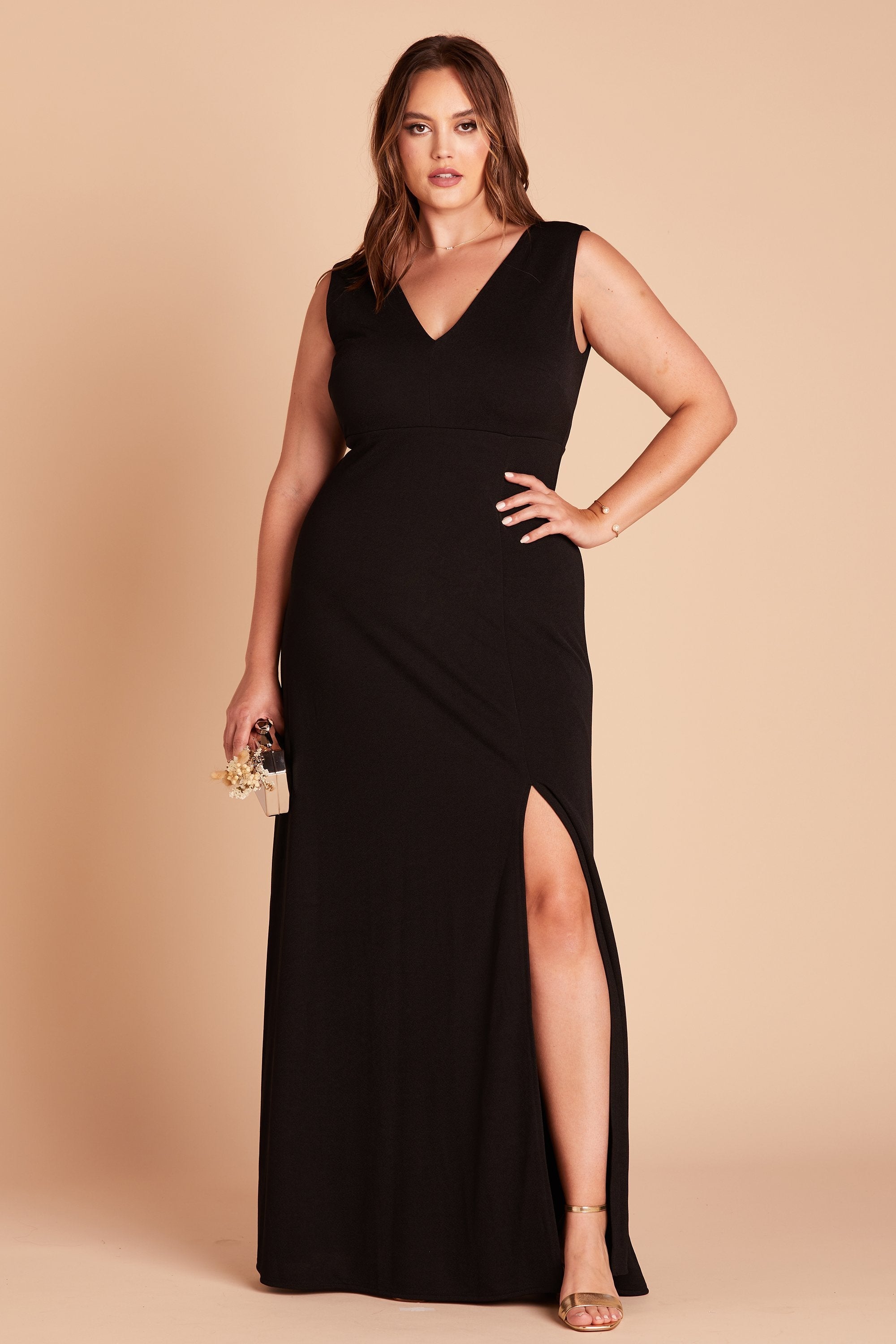 Shamin plus size bridesmaid dress with slit in black crepe by Birdy Grey, front view