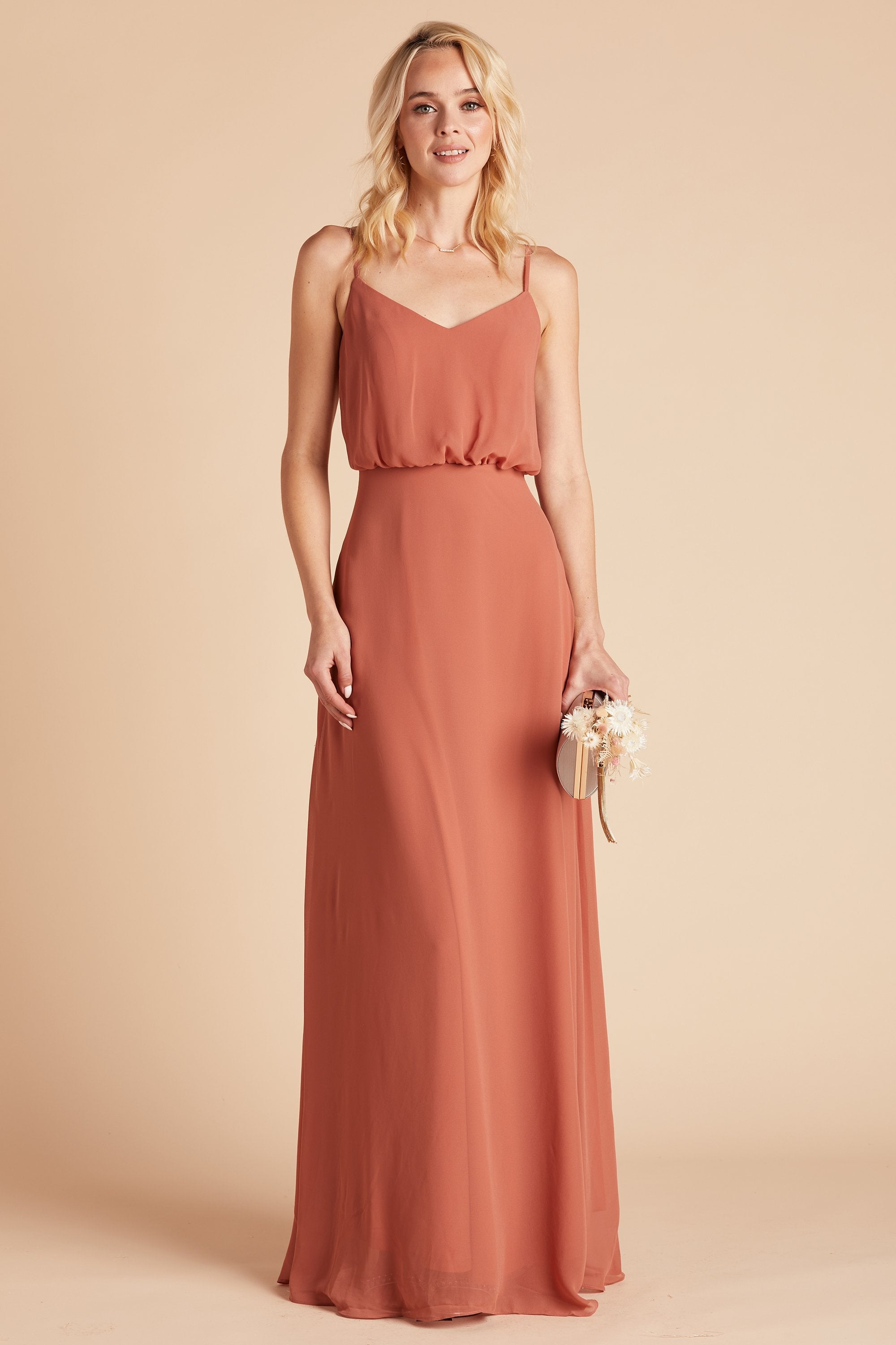 Gwennie bridesmaid dress in terracotta chiffon by Birdy Grey, front view