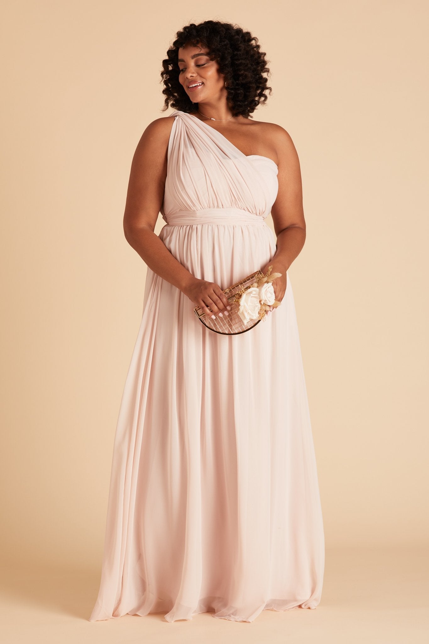 Grace convertible plus size bridesmaid dress in pale blush pink chiffon by Birdy Grey, front view