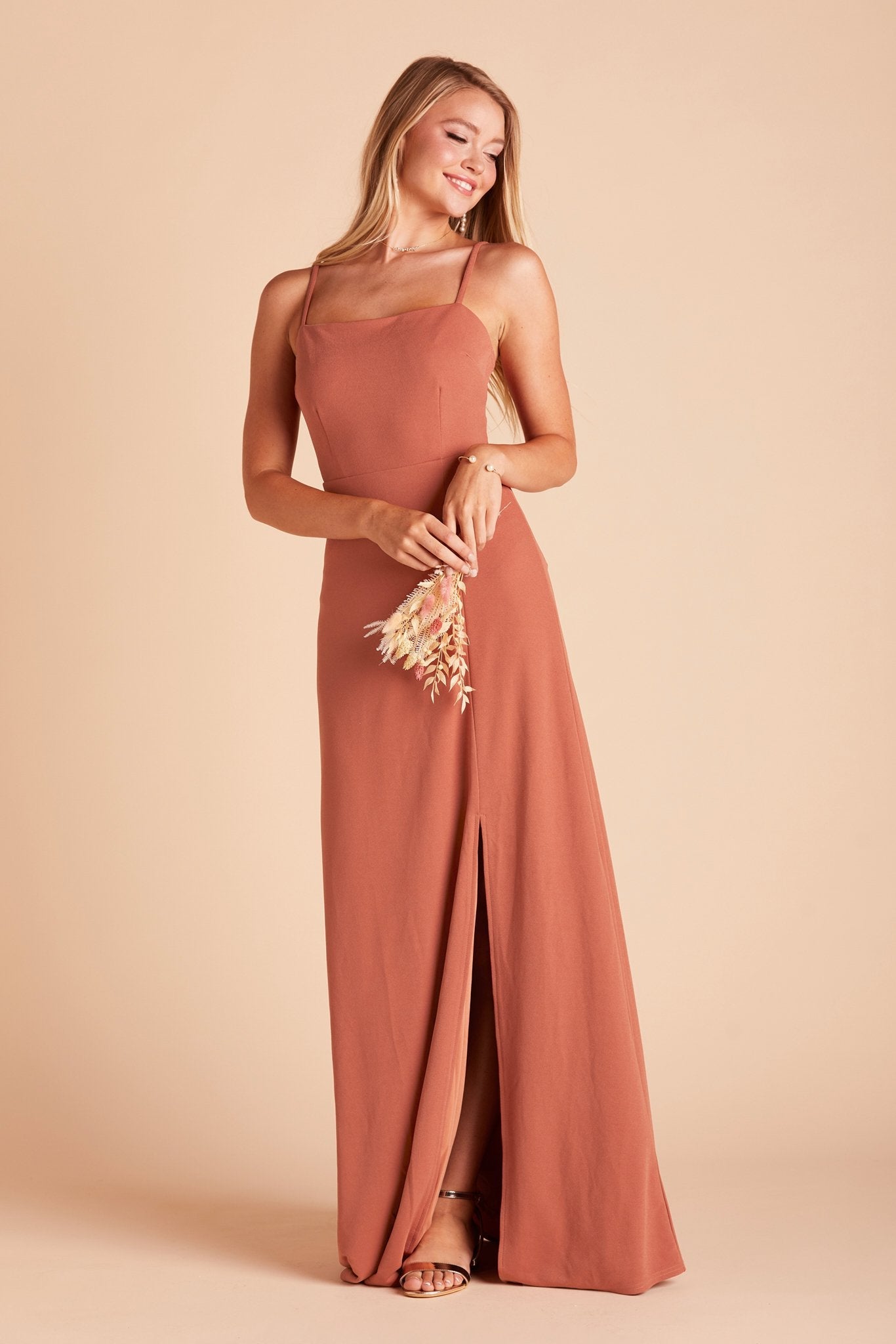 Benny bridesmaid dress with slit in terracotta crepe by Birdy Grey, front view