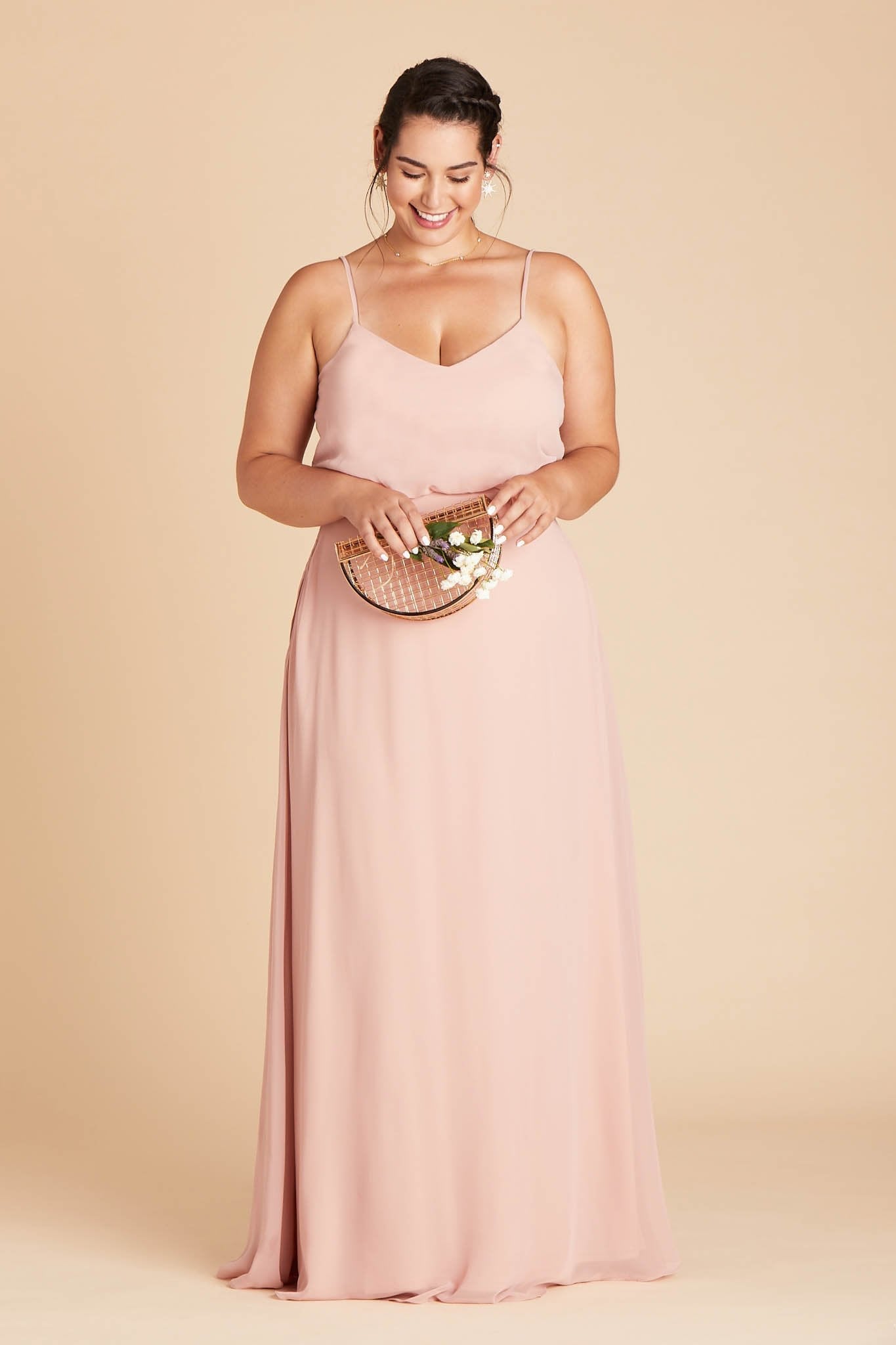 Gwennie plus size bridesmaid dress in dusty rose chiffon by Birdy Grey, front view