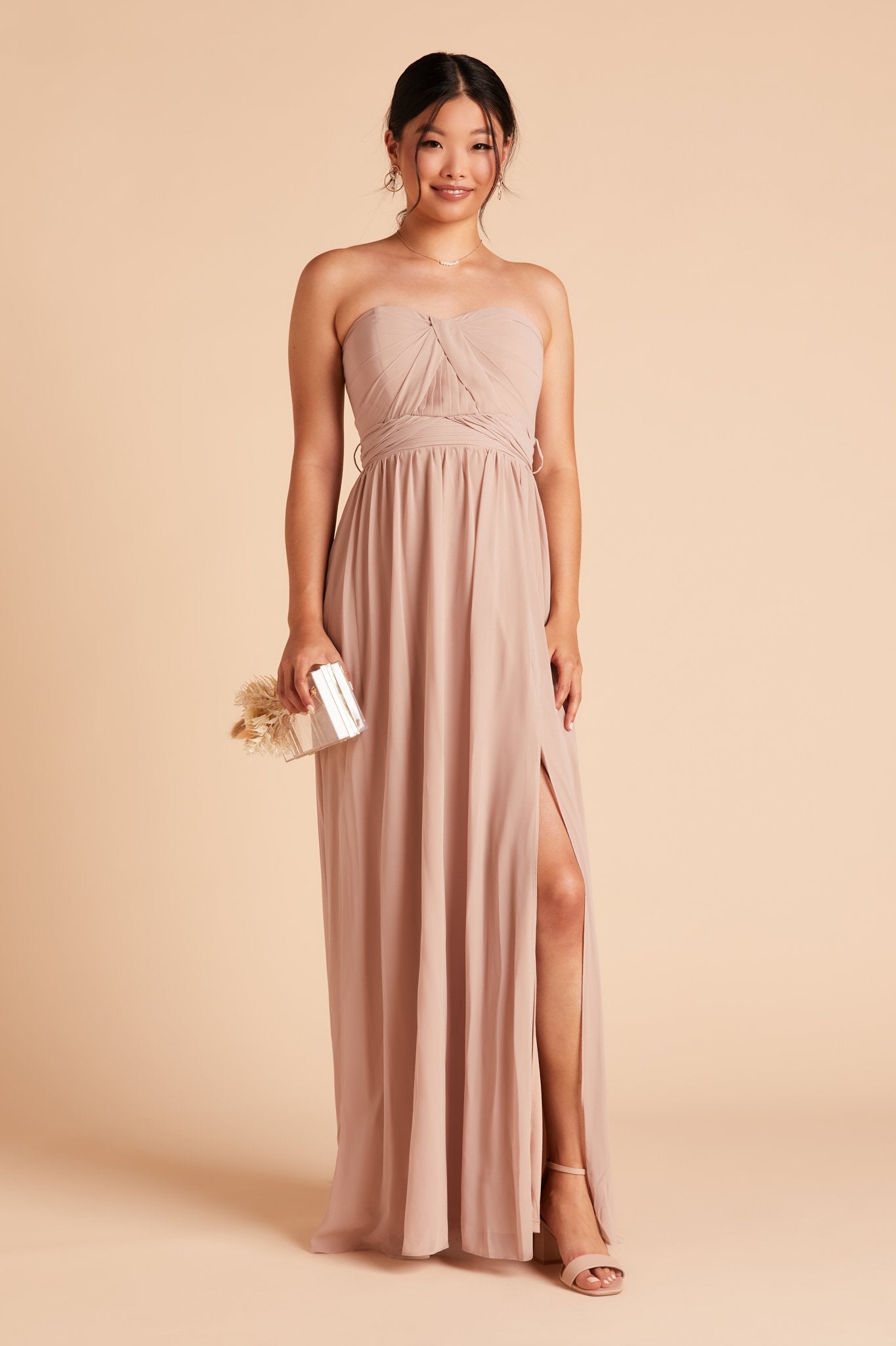 Grace convertible bridesmaid dress with slit in taupe chiffon by Birdy Grey, front view