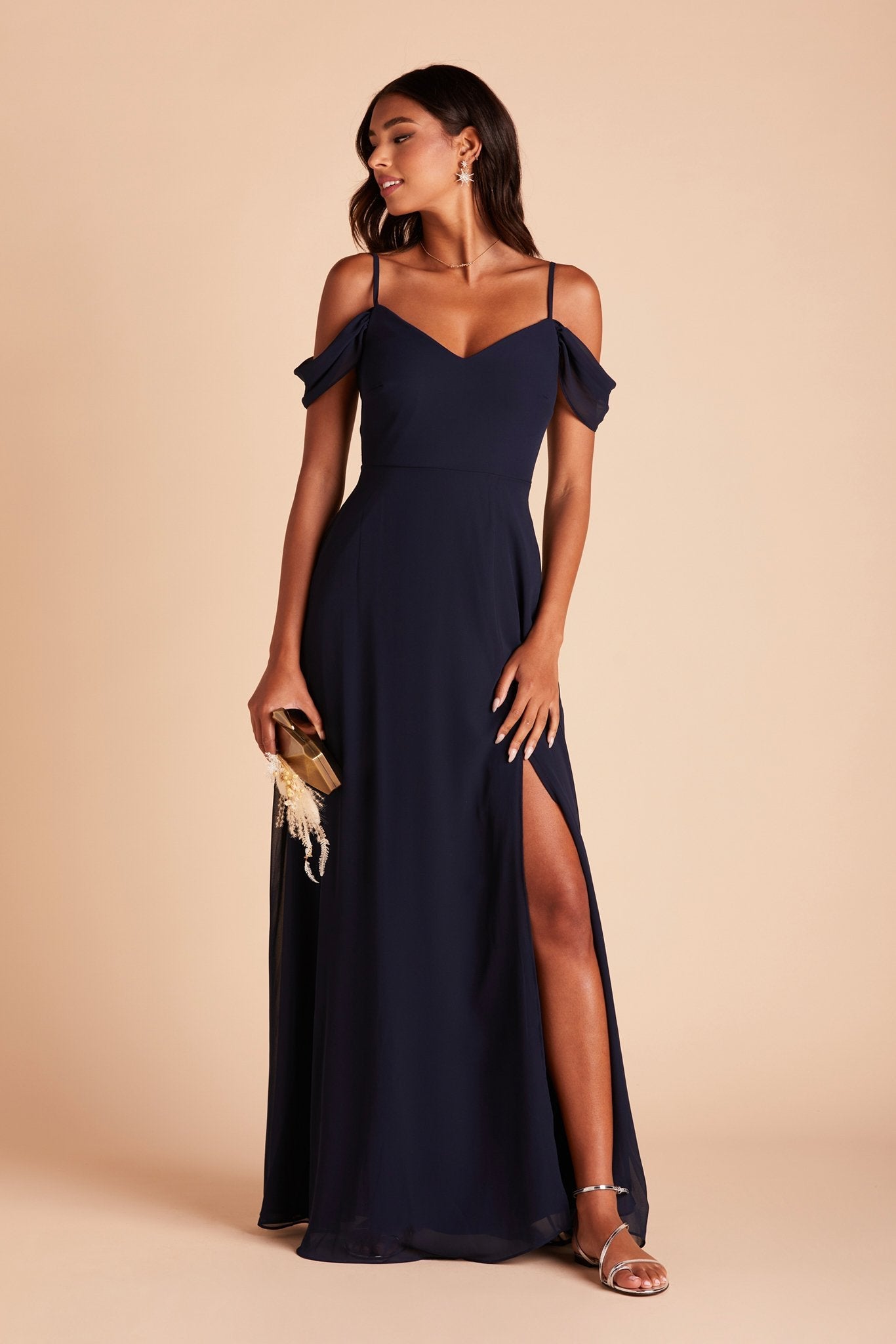 Devin convertible bridesmaid dress with slit in navy blue chiffon by Birdy Grey, front view