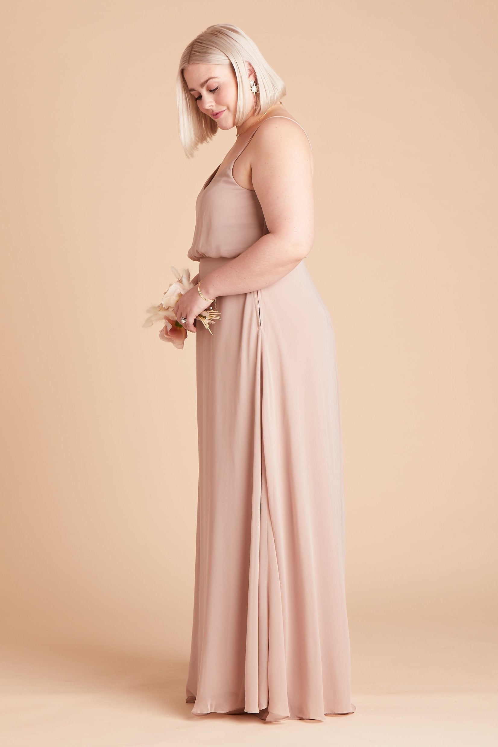 Gwennie plus size bridesmaid dress in taupe chiffon by Birdy Grey, side view