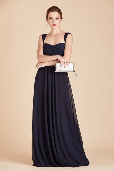 Maria convertible bridesmaids dress in navy blue chiffon by Birdy Grey, front view