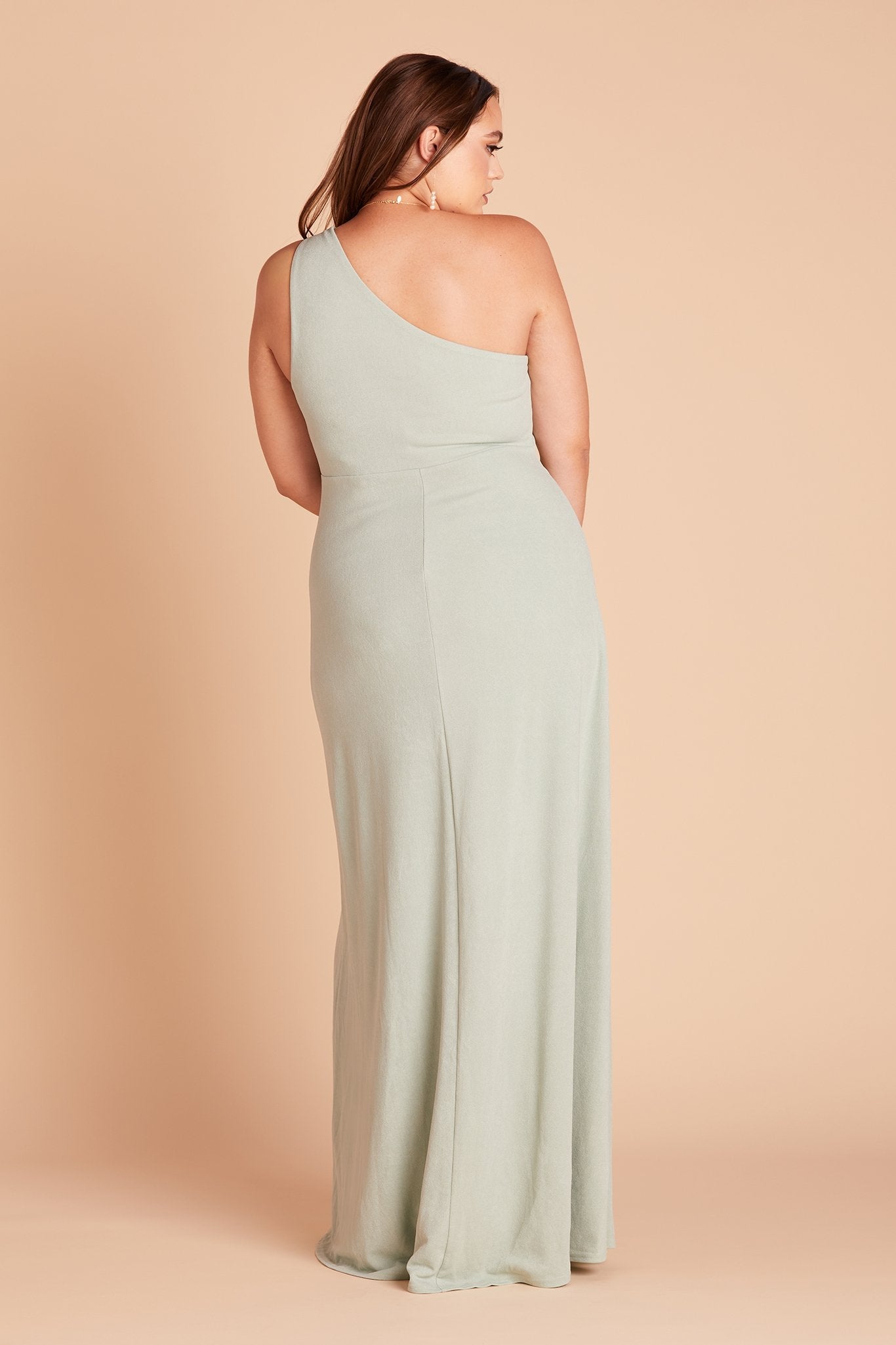 Kira plus size bridesmaid dress with slit in sage green crepe by Birdy Grey, back view