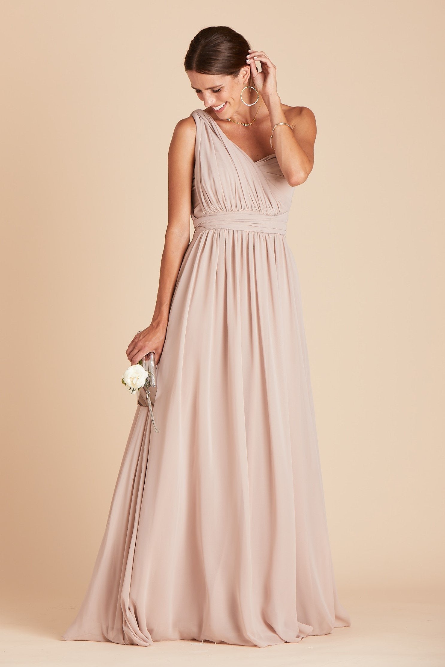 Grace convertible bridesmaid dress in taupe chiffon by Birdy Grey, front view