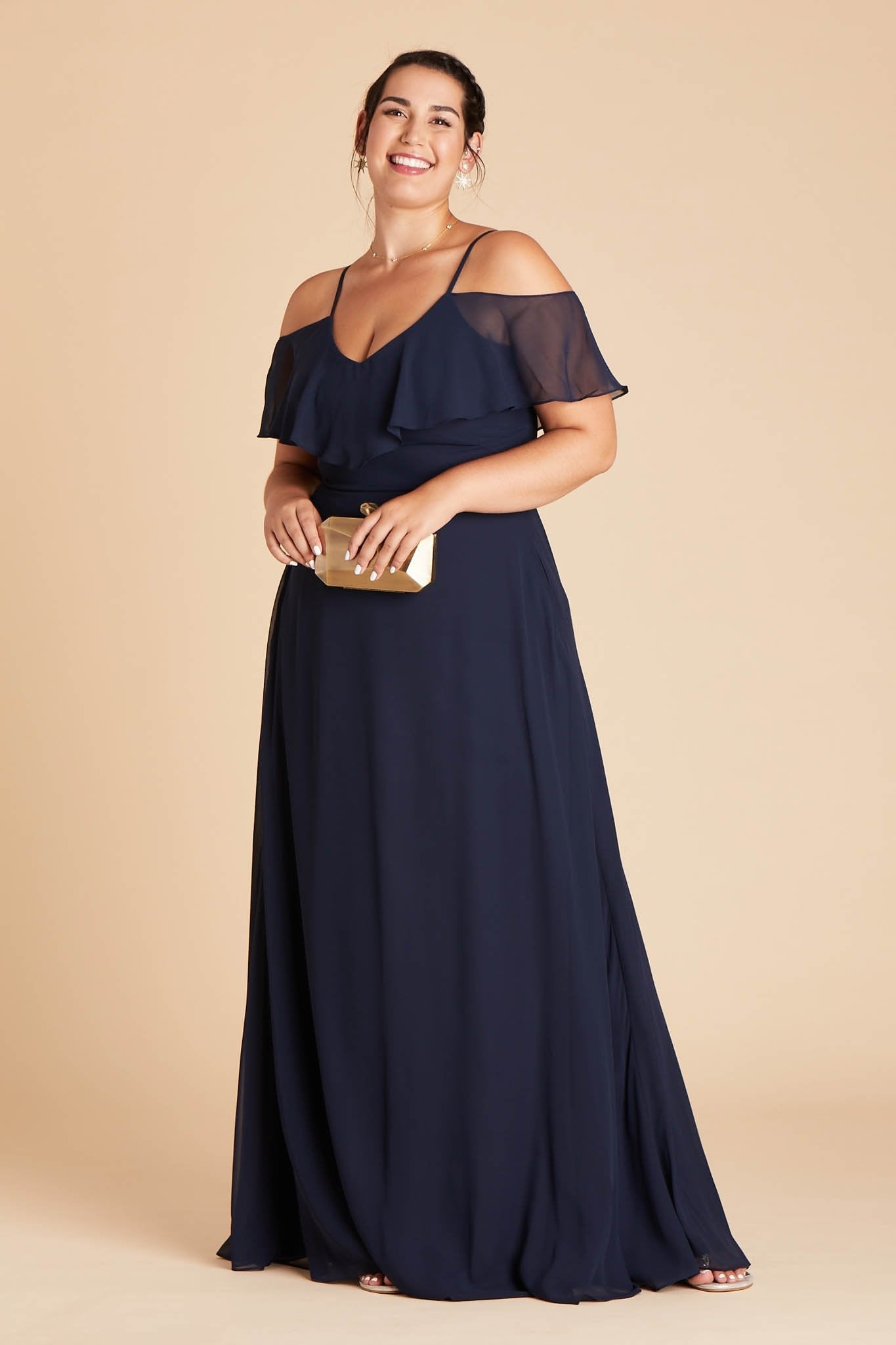 Jane convertible plus size bridesmaid dress in navy blue chiffon by Birdy Grey, front view