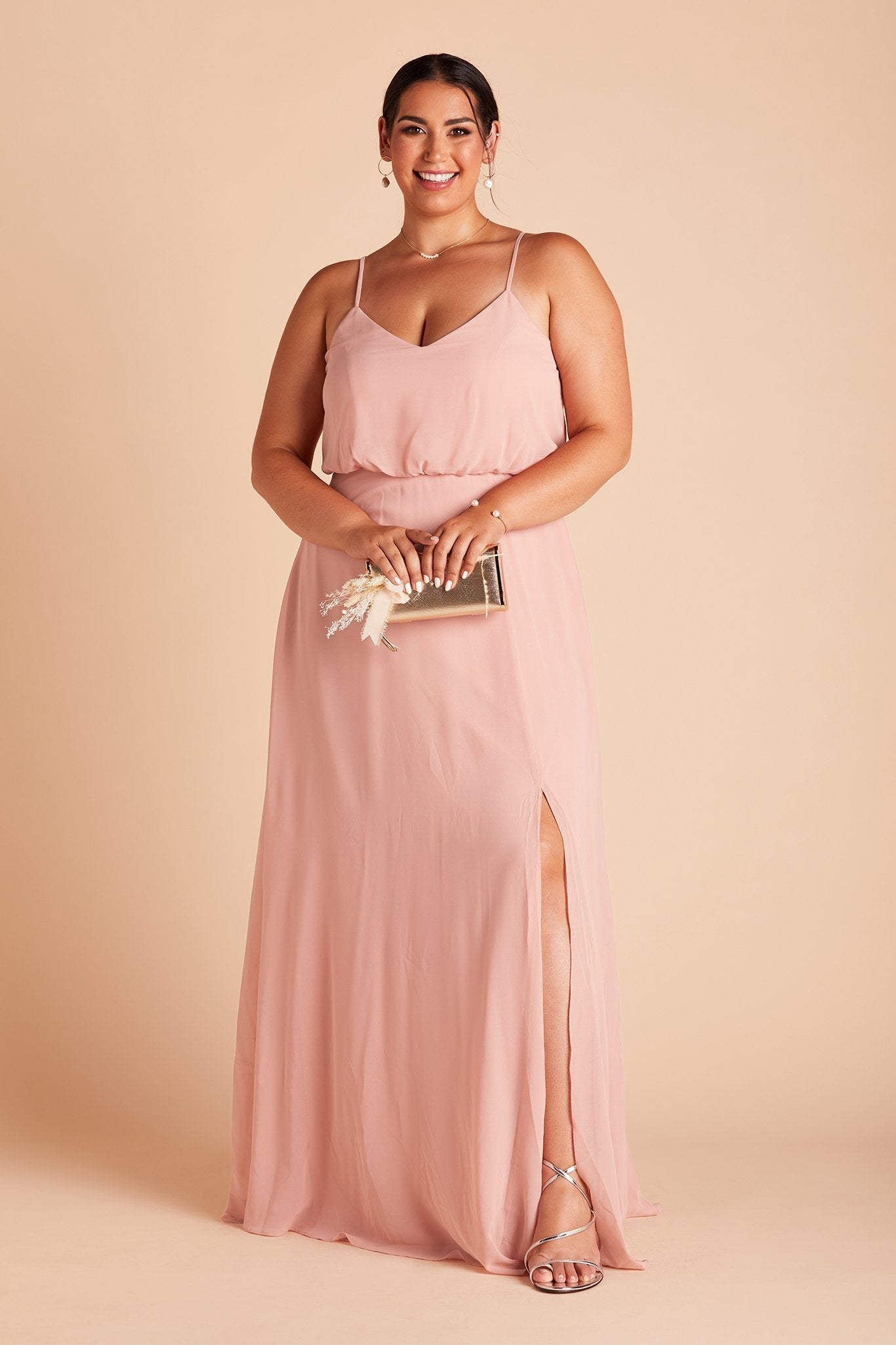 Gwennie plus size bridesmaid dress with slit in dusty rose chiffon by Birdy Grey, front view