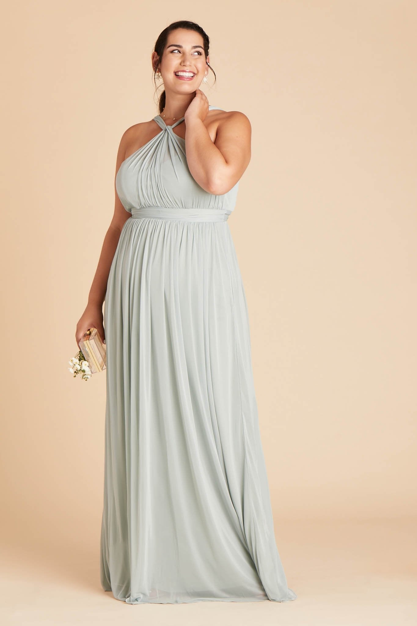 Kiko plus size bridesmaid dress in sage green chiffon by Birdy Grey, front view