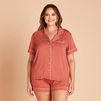 Jonny plus size Short Sleeve Pajama Set in terracotta with white pipetting by Birdy Grey, front view