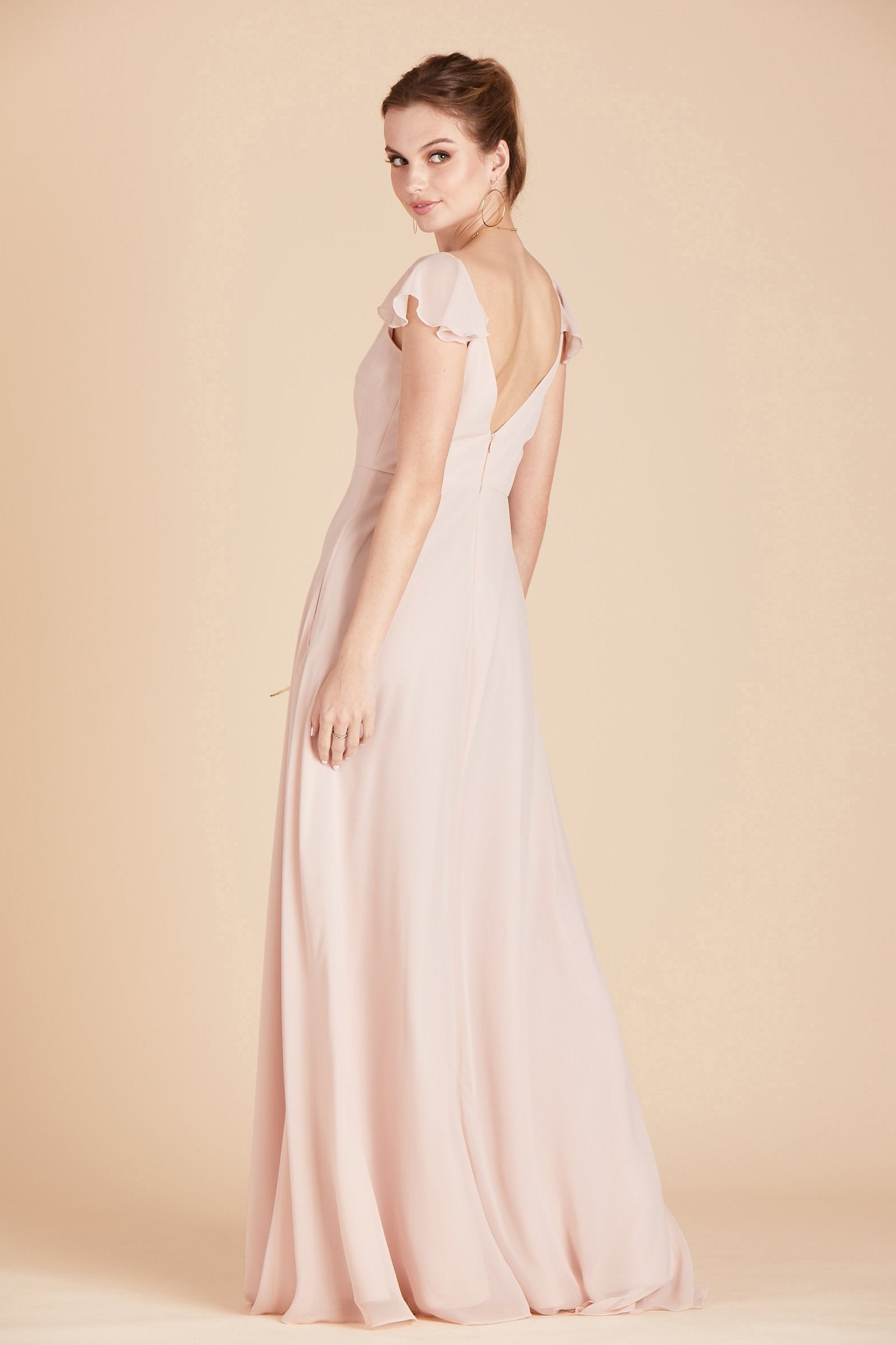 Kae bridesmaids dress in pale blush pink chiffon by Birdy Grey, side view