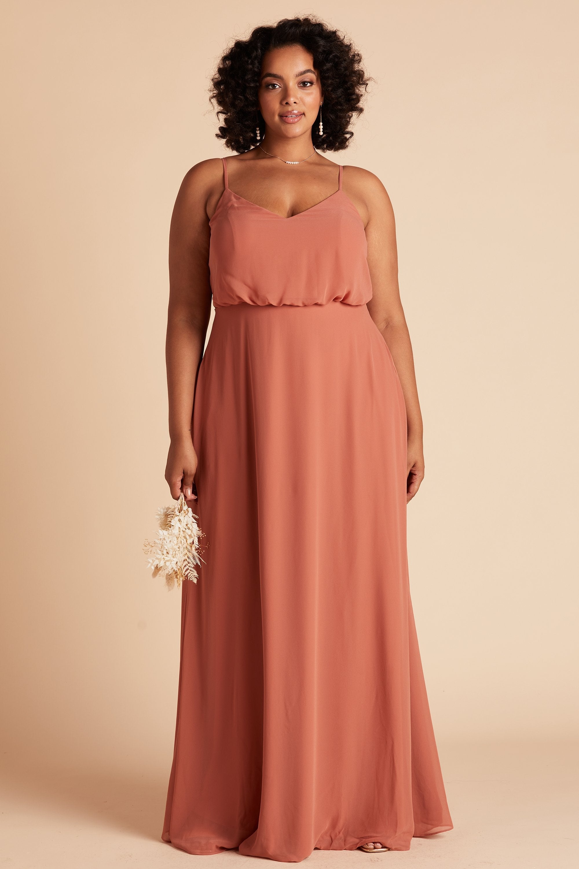 Gwennie plus size bridesmaid dress in terracotta chiffon by Birdy Grey, front view