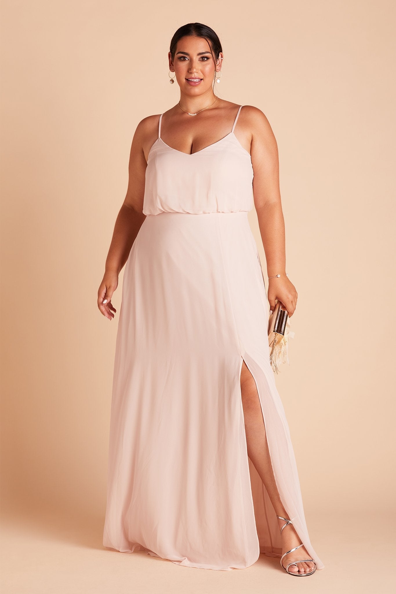 Gwennie plus size bridesmaid dress with slit in pale blush chiffon by Birdy Grey, front view