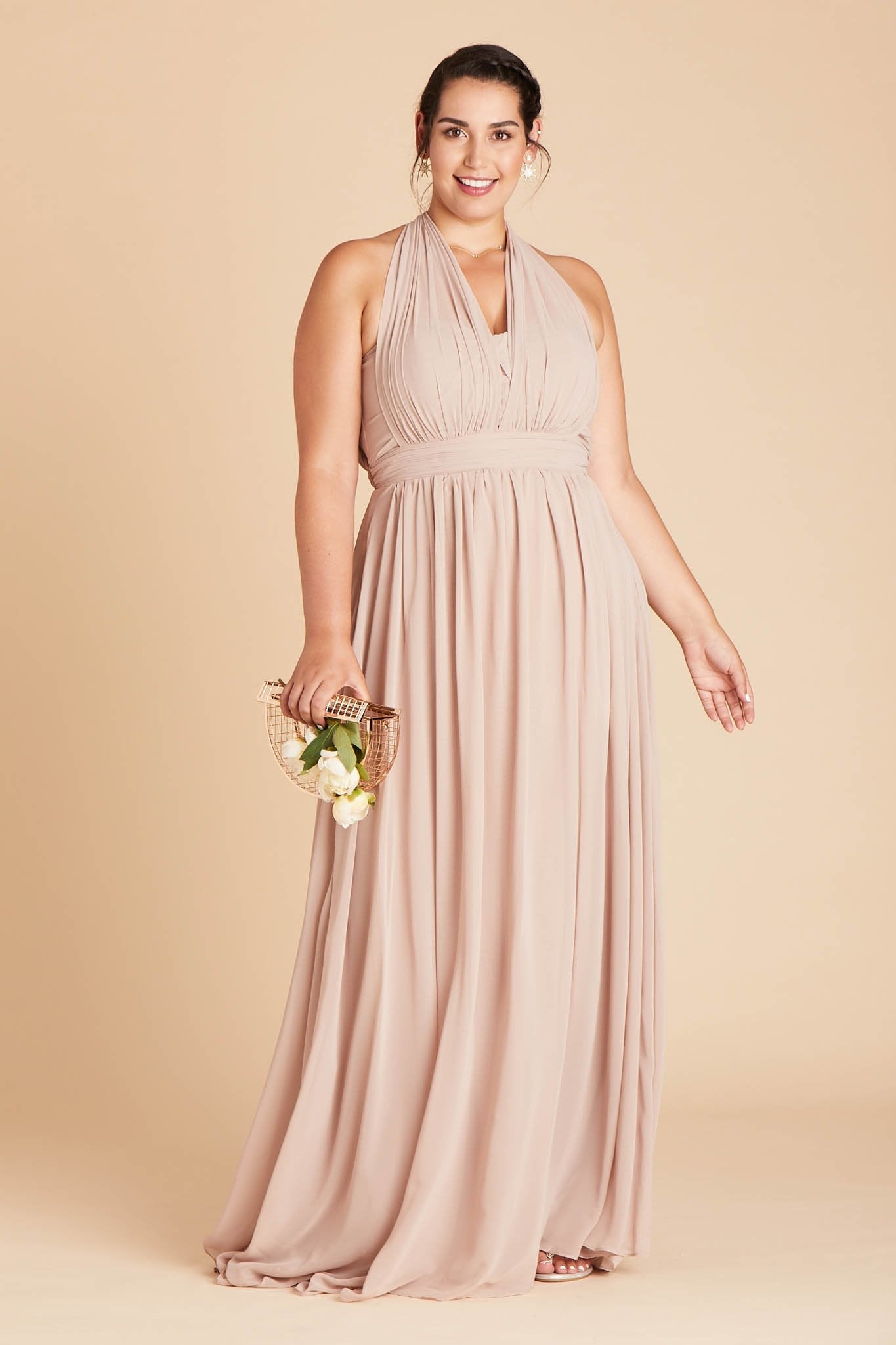 Grace convertible plus size bridesmaid dress in taupe chiffon by Birdy Grey, front view