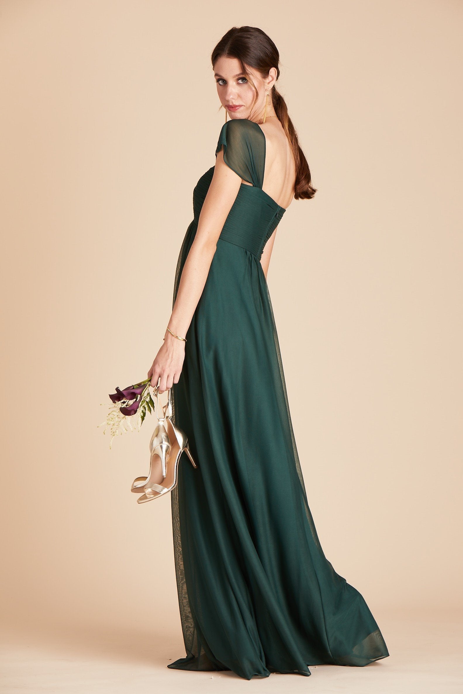 Maria convertible plus size bridesmaids dress in emerald green chiffon by Birdy Grey, side view