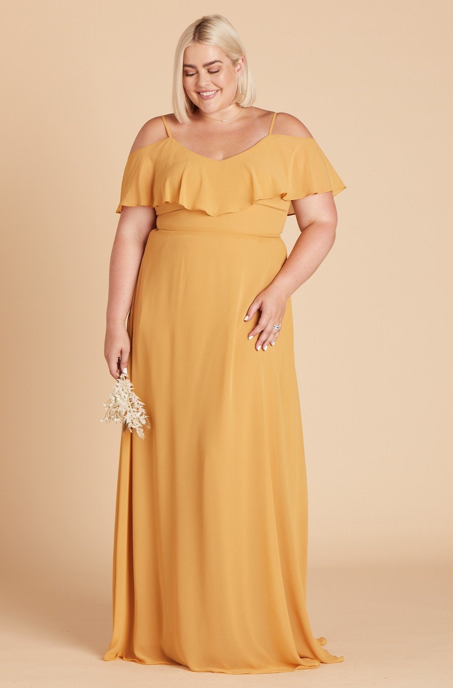 Jane convertible plus size bridesmaid dress in marigold chiffon by Birdy Grey, front view