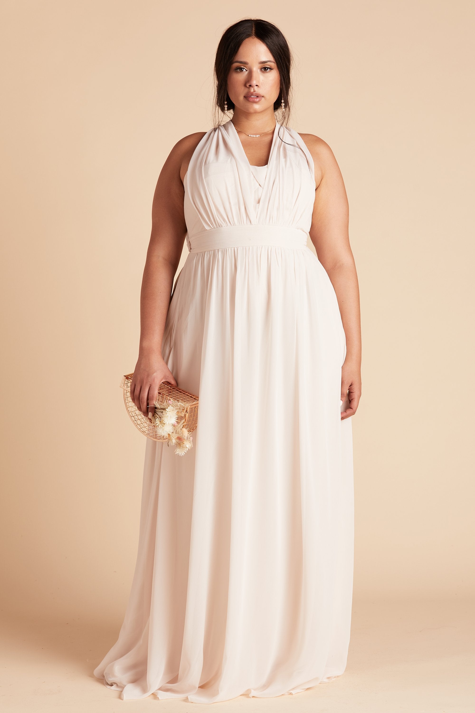 Grace convertible plus size bridesmaid dress in champaign chiffon by Birdy Grey, front view