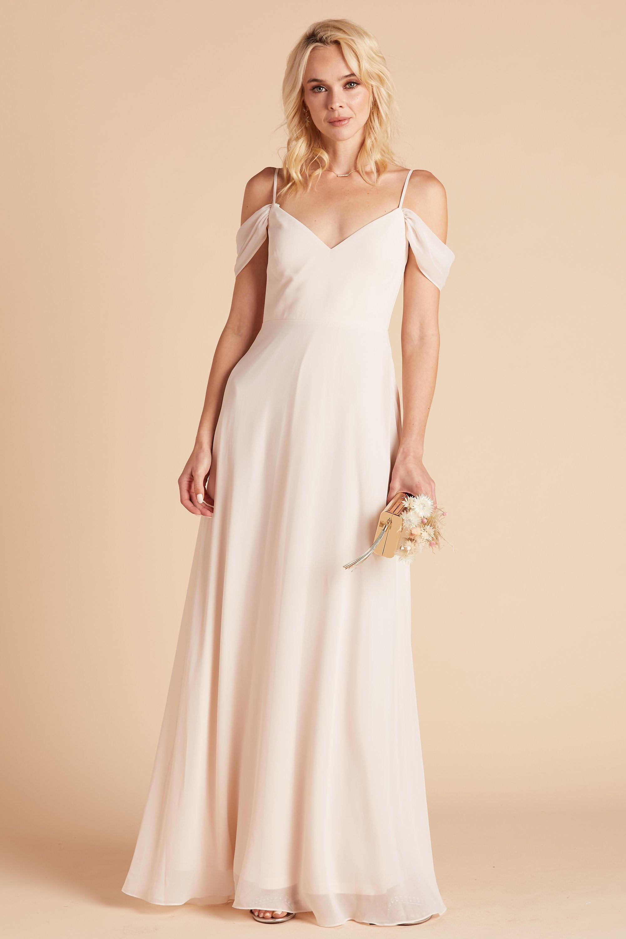 Devin convertible bridesmaids dress in champagne chiffon by Birdy Grey, front view