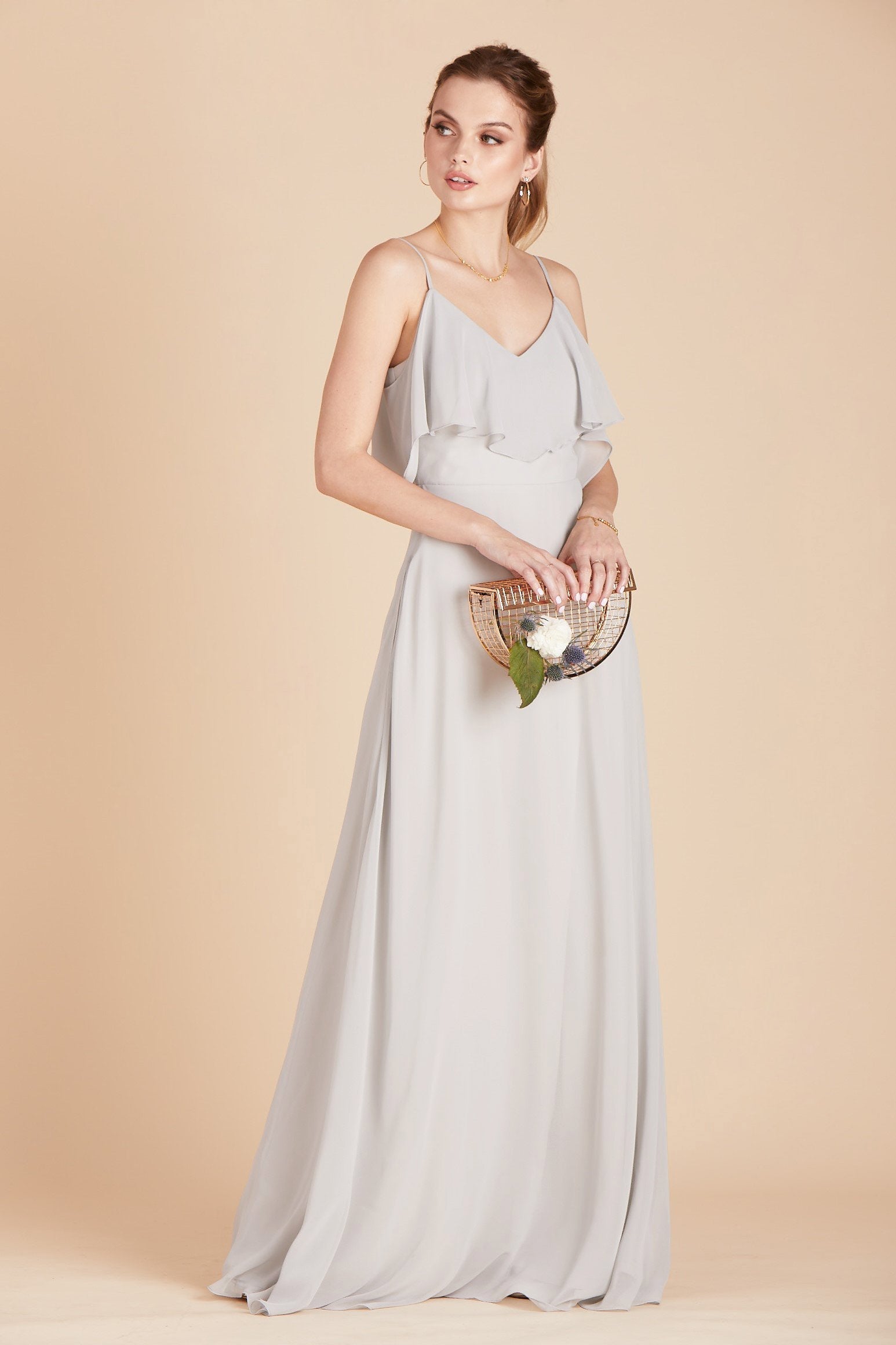 Jane convertible bridesmaid dress in dove gray chiffon by Birdy Grey, front view