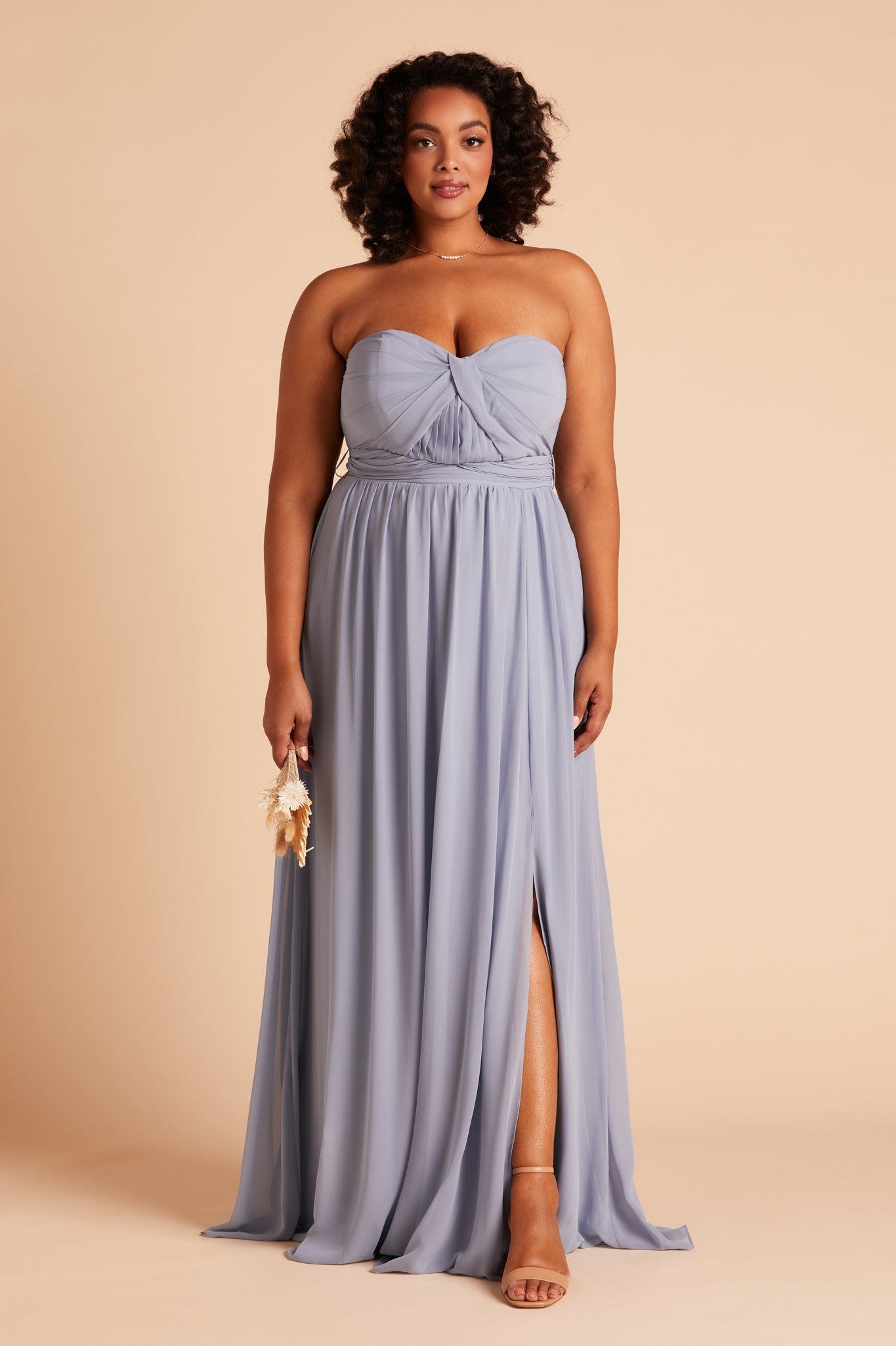 Grace convertible plus size bridesmaid dress with slit in dusty blue chiffon by Birdy Grey, front view