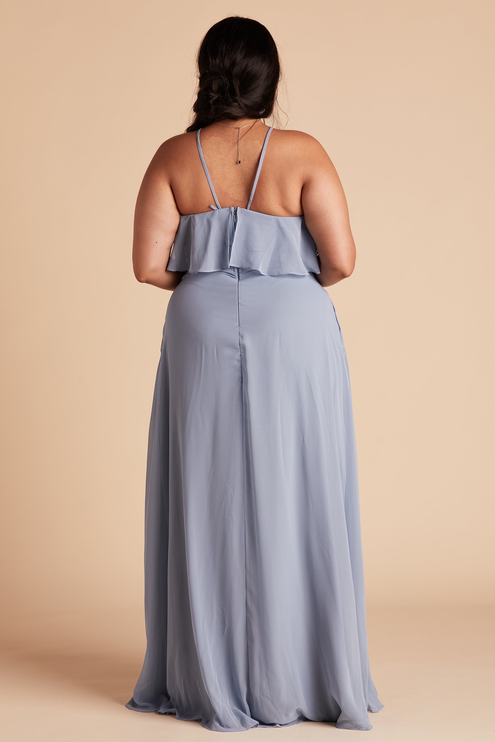 Jules plus size bridesmaid dress in dusty blue chiffon by Birdy Grey, back view