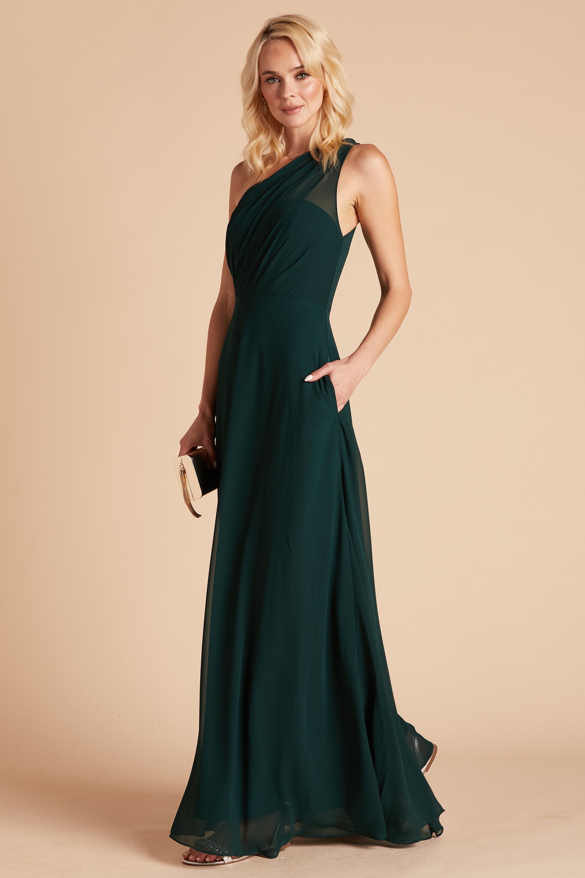 Kira bridesmaid dress in emerald chiffon by Birdy Grey, front view