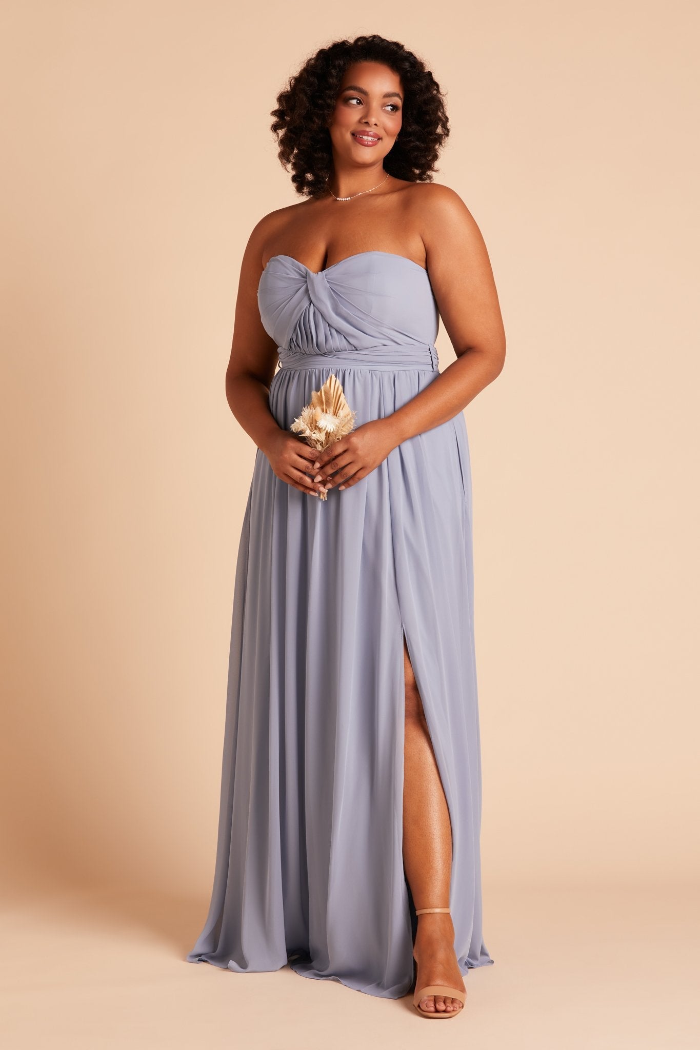 Grace convertible plus size bridesmaid dress with slit in dusty blue chiffon by Birdy Grey, front view