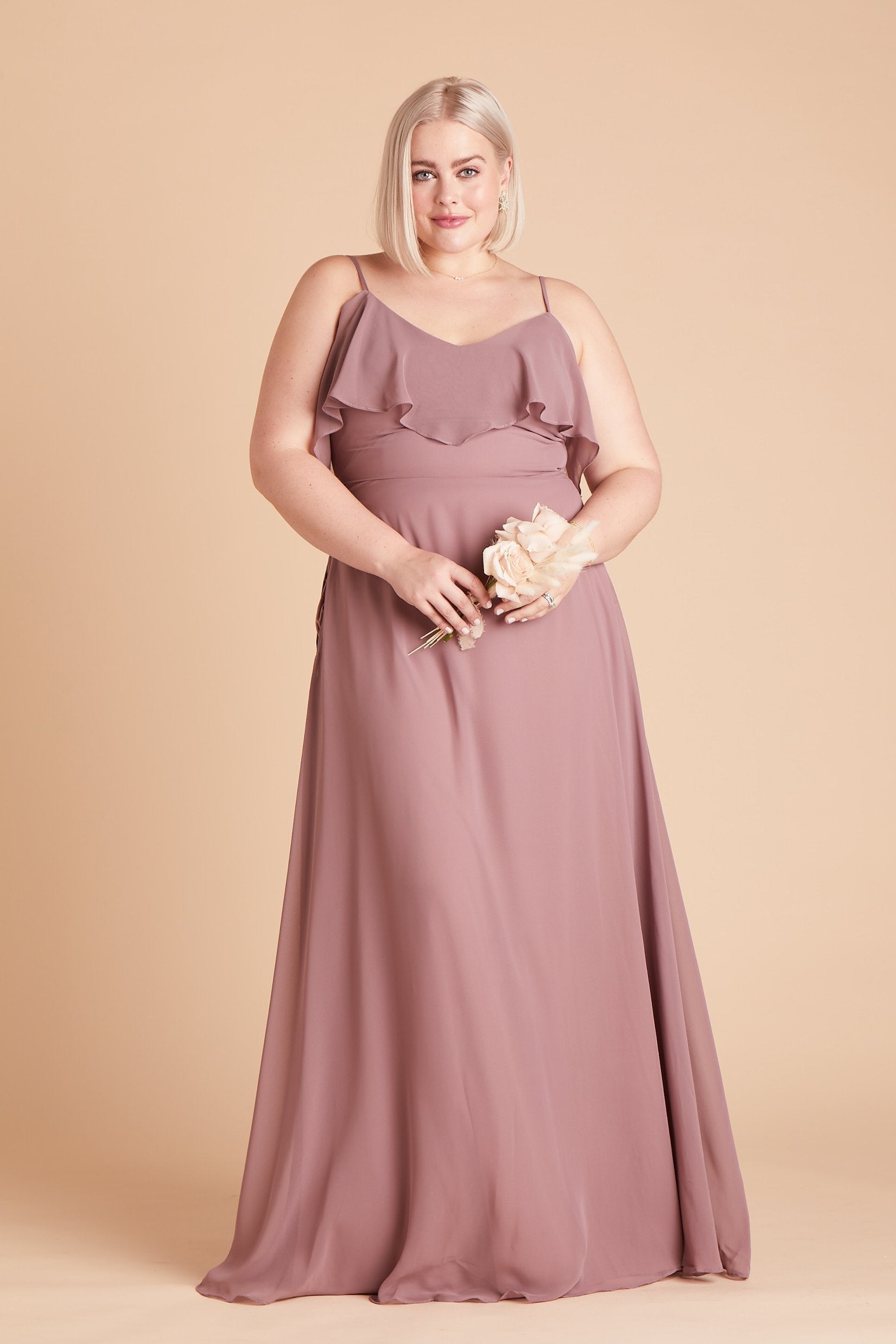 Jane convertible plus size bridesmaid dress in dark mauve chiffon by Birdy Grey, front view