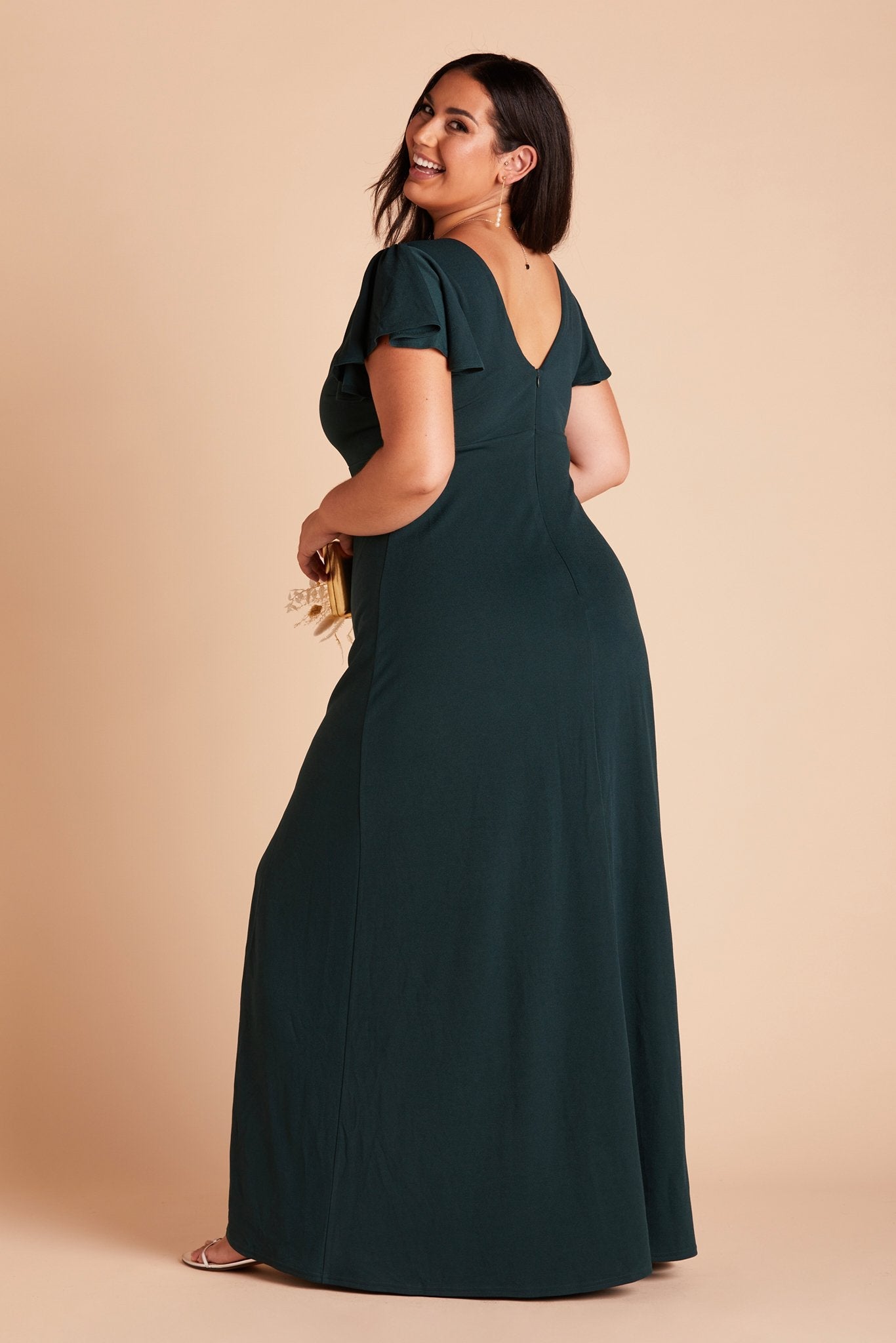 Hannah plus size bridesmaid dress with slit in emerald green crepe by Birdy Grey, side view